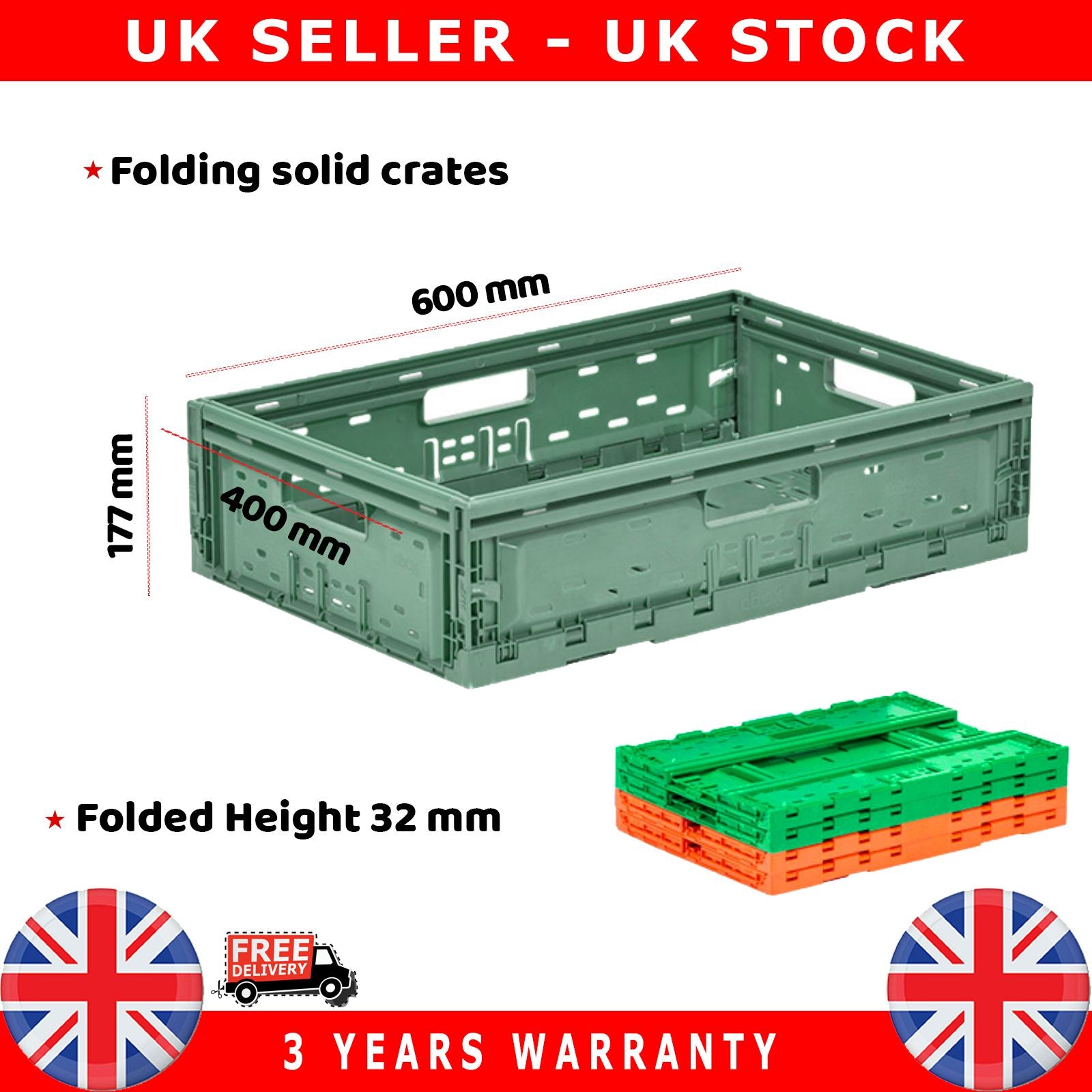 10X Commercial Stackable Foldable Plastic Eurobox Container Storage Boxes 400X600X177