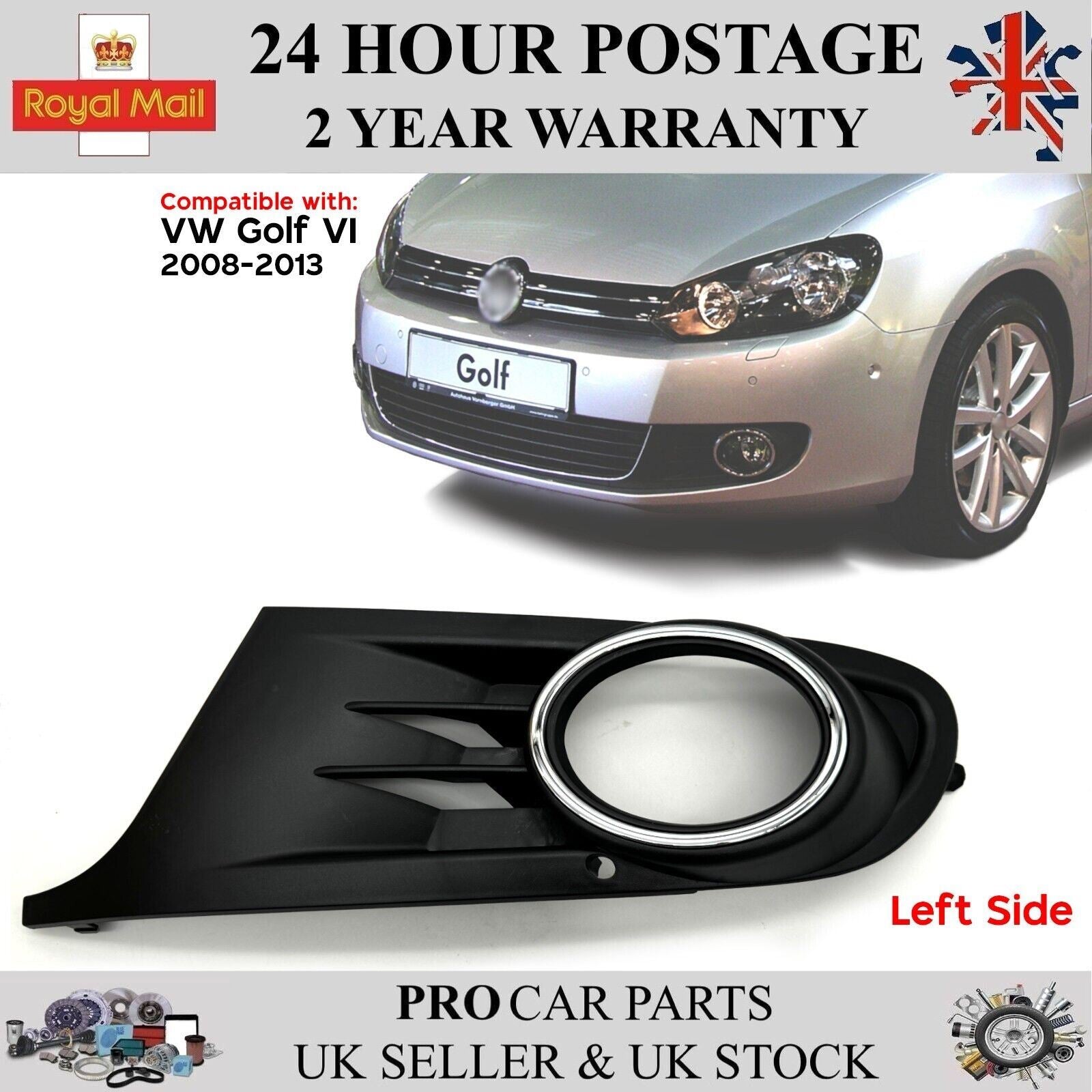Front Bumper Grille Fog Light Cover w/ Chrome Trim Left For VW Golf MK6 2008-13