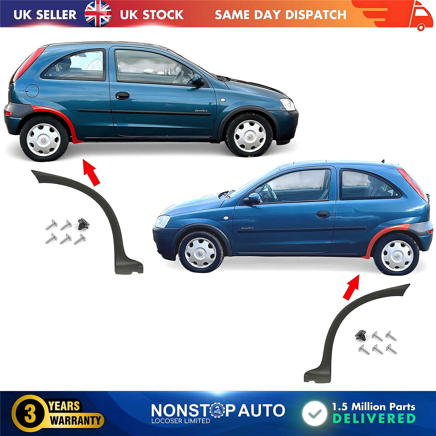 2X Wheel Arch Trim Moulding Rear Left and Right For VAUXHALL Corsa C 2000-2003 172890, 172891