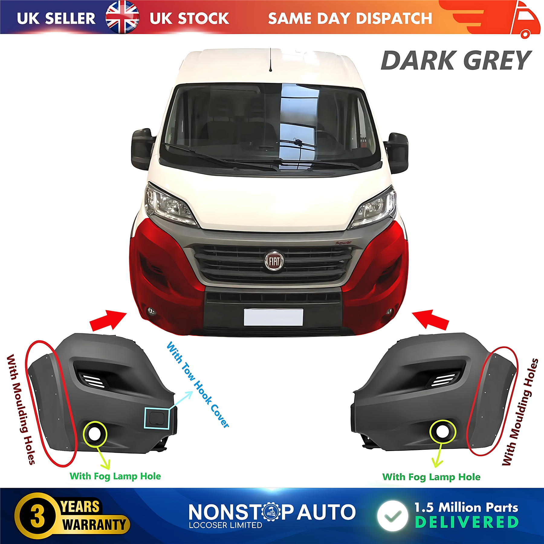 2X Front Bumper Corner Cap R+L With Fog Hole For FIAT Ducato 2014 on