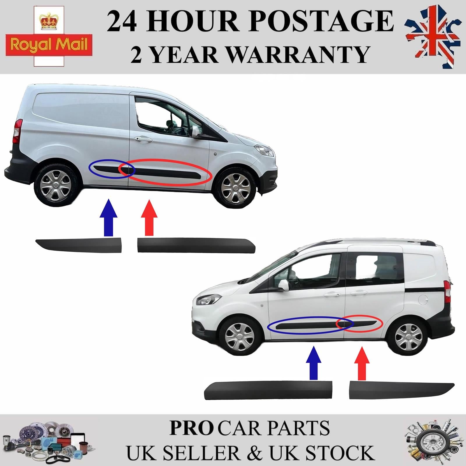 4X Side Moulding Strip Panel Front and Rear L and R For FORD Transit Courier 2014 on