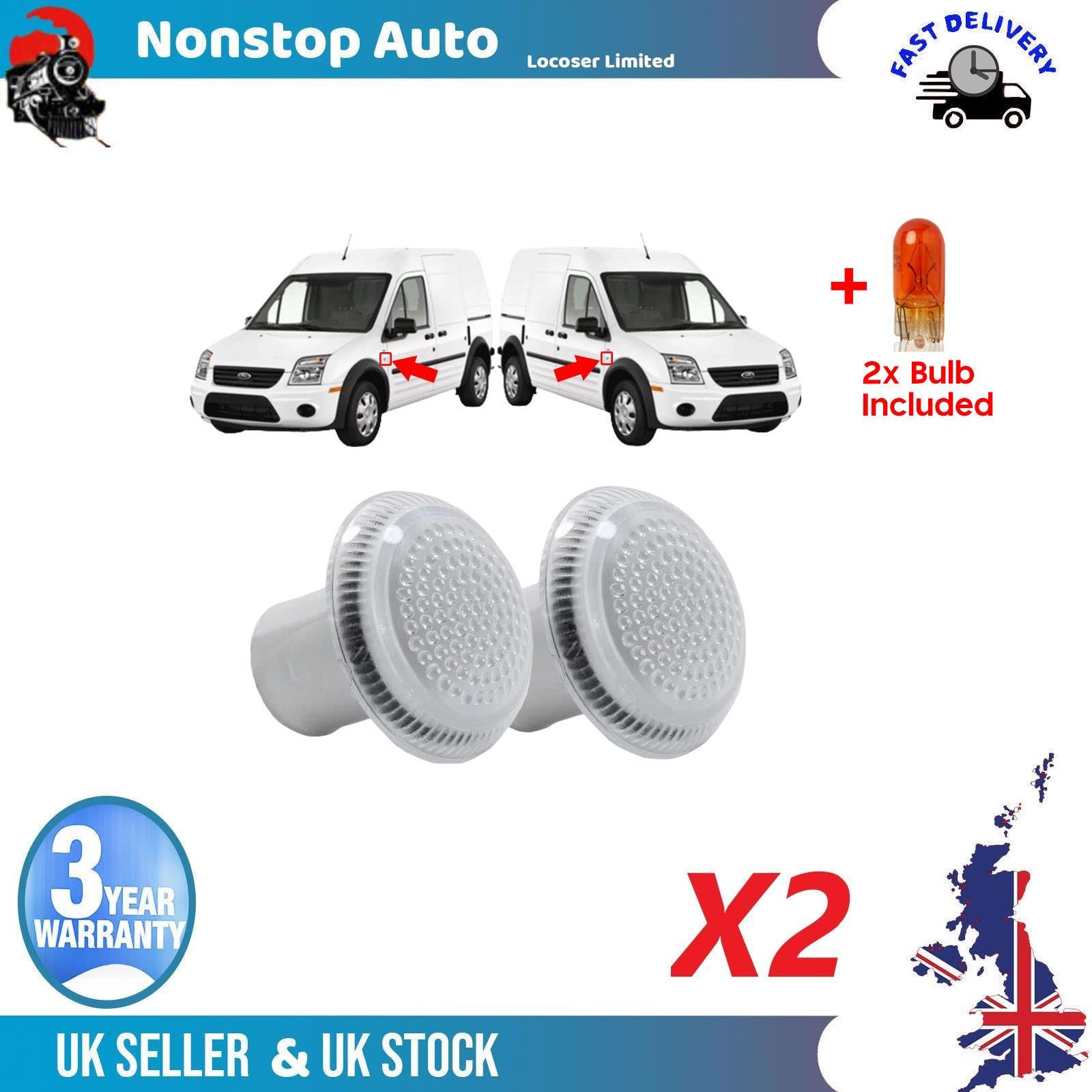 2x Side Indicator Repeater Lens Light Fits Ford Transit Tourneo Connect 4972773