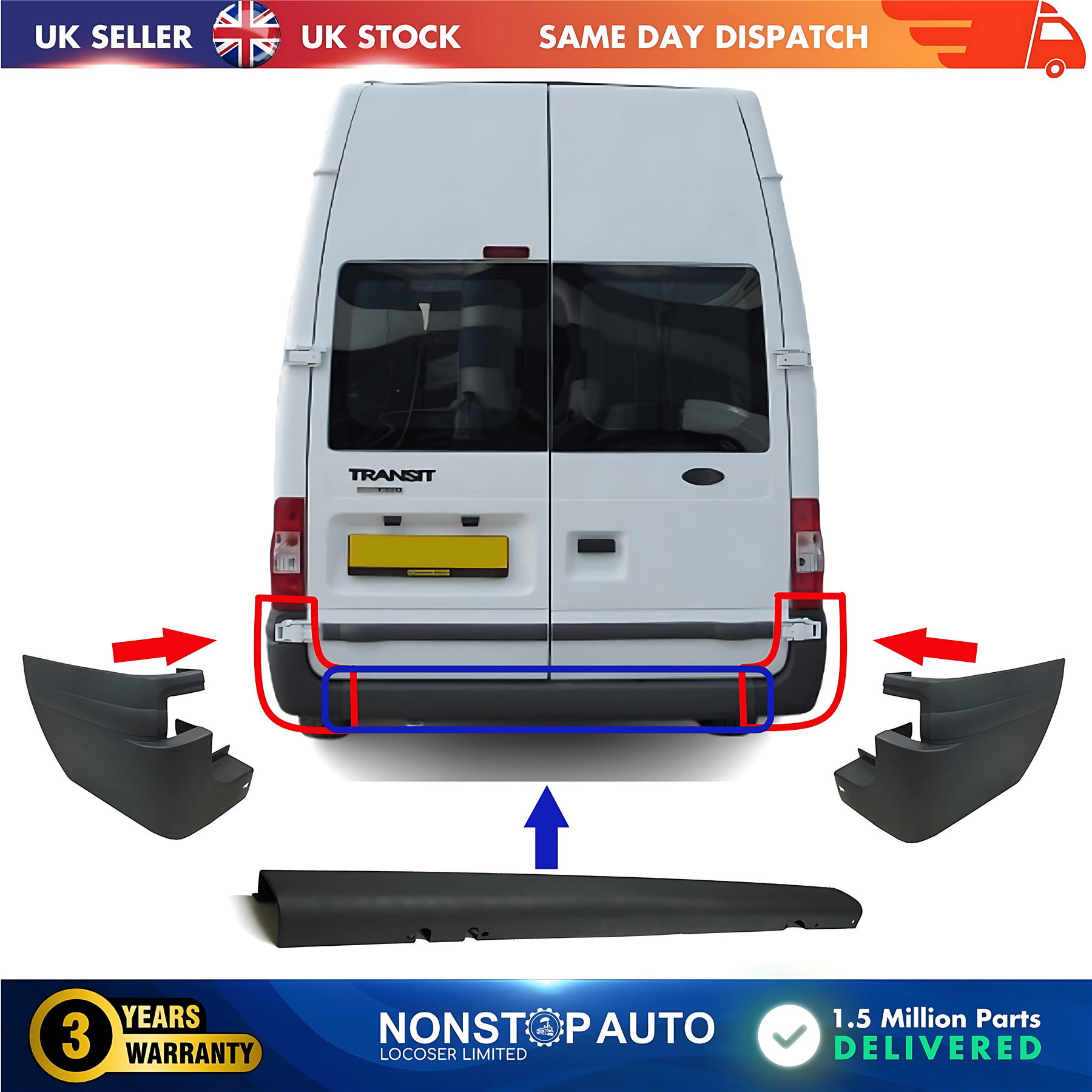 3X Rear Bumper Set For FORD Transit Jumbo MK6 MK7 YC1517E962 VYC1517927 VYC1517926