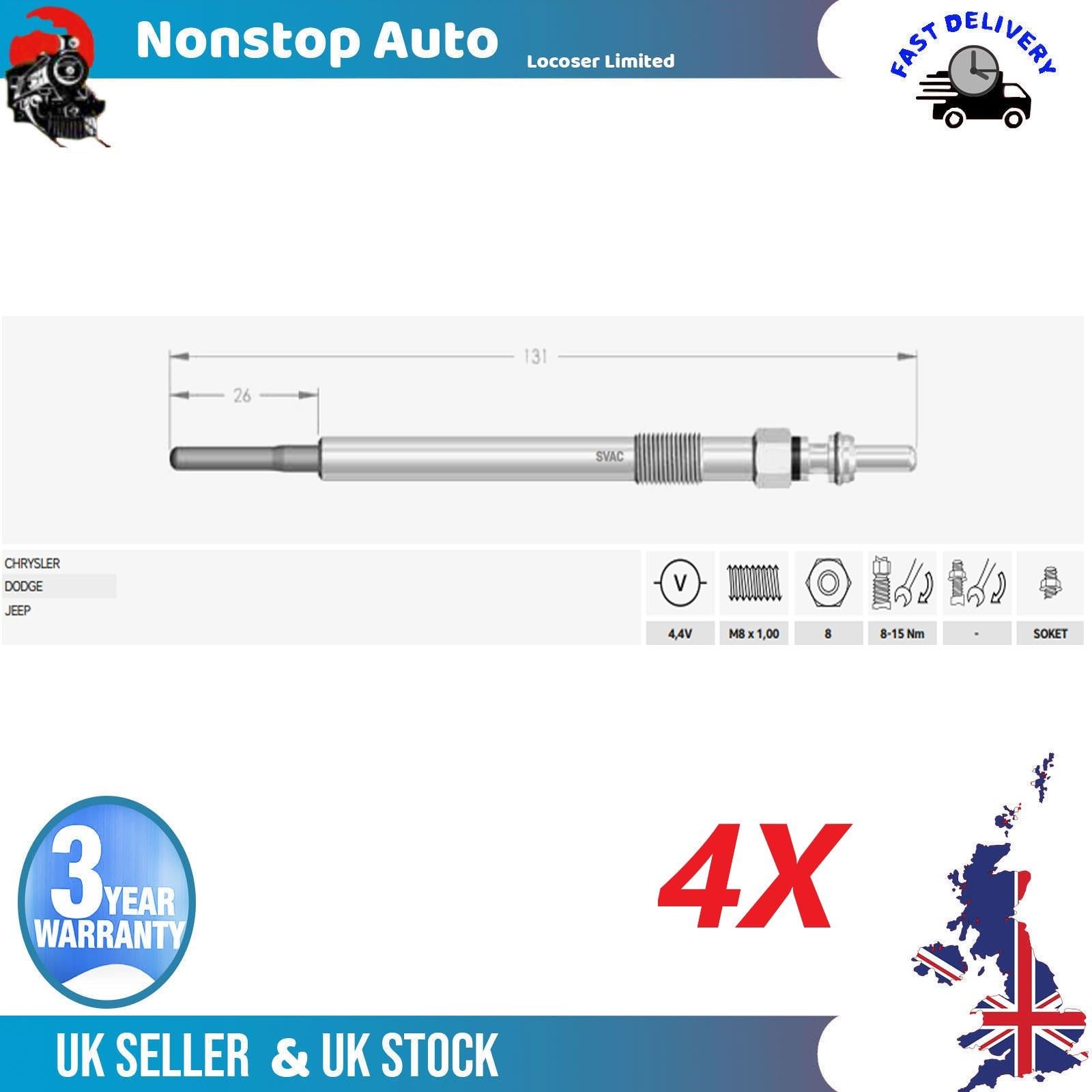 4X Glow Plugs For JEEP Cherokee 2.8 CRD 4X4 68029497AA