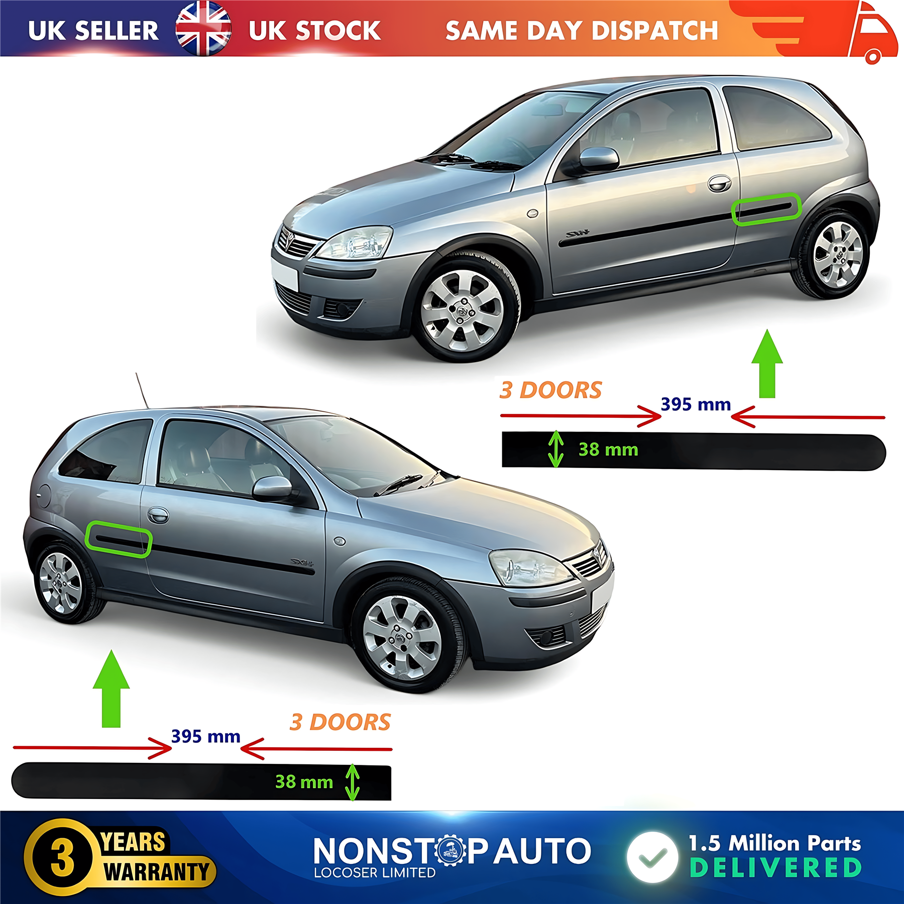 2X Door Moulding Trim Panel Rear Left and Right For VAUXHALL Corsa C 2001-2006 172525 172637