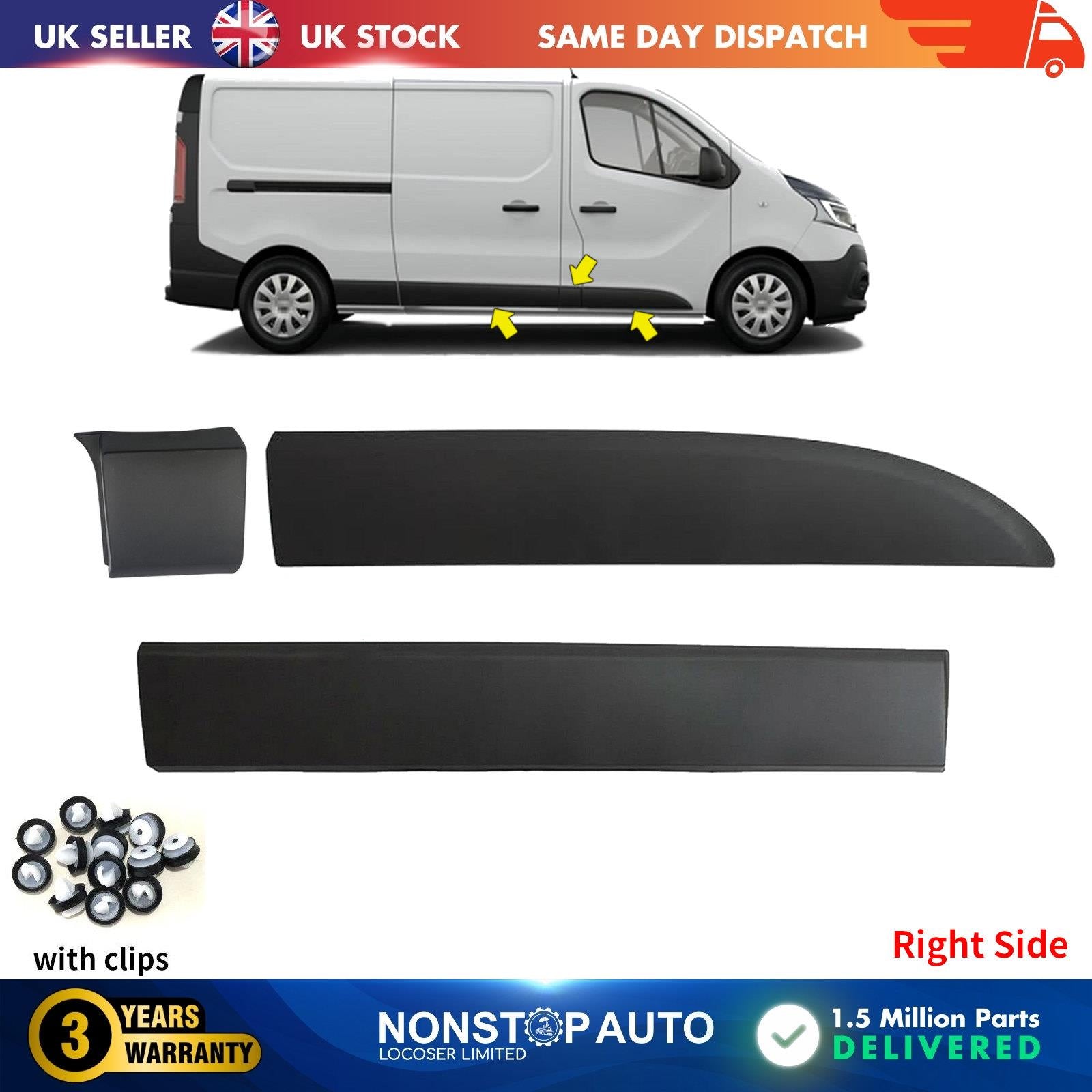 3 Pcs Side Moulding Trim Panel Set Right Side Fits RENAULT Trafic MK3 VAUXHALL Vivaro NISSAN NV300 FIAT Talento