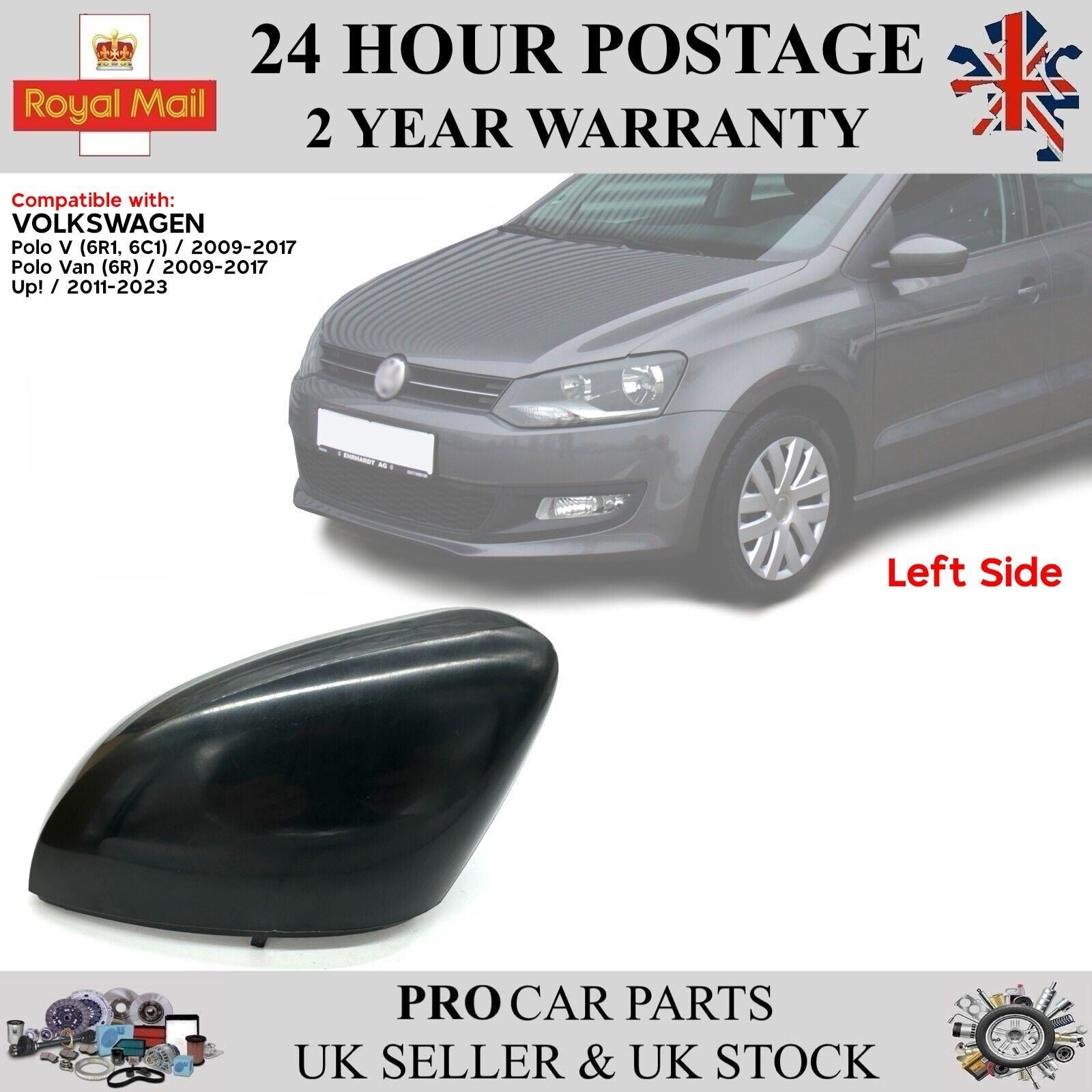 Left Door Wing Mirror Cover Cap for VW Polo 6R 6C Up 2009-17 6R0857537B