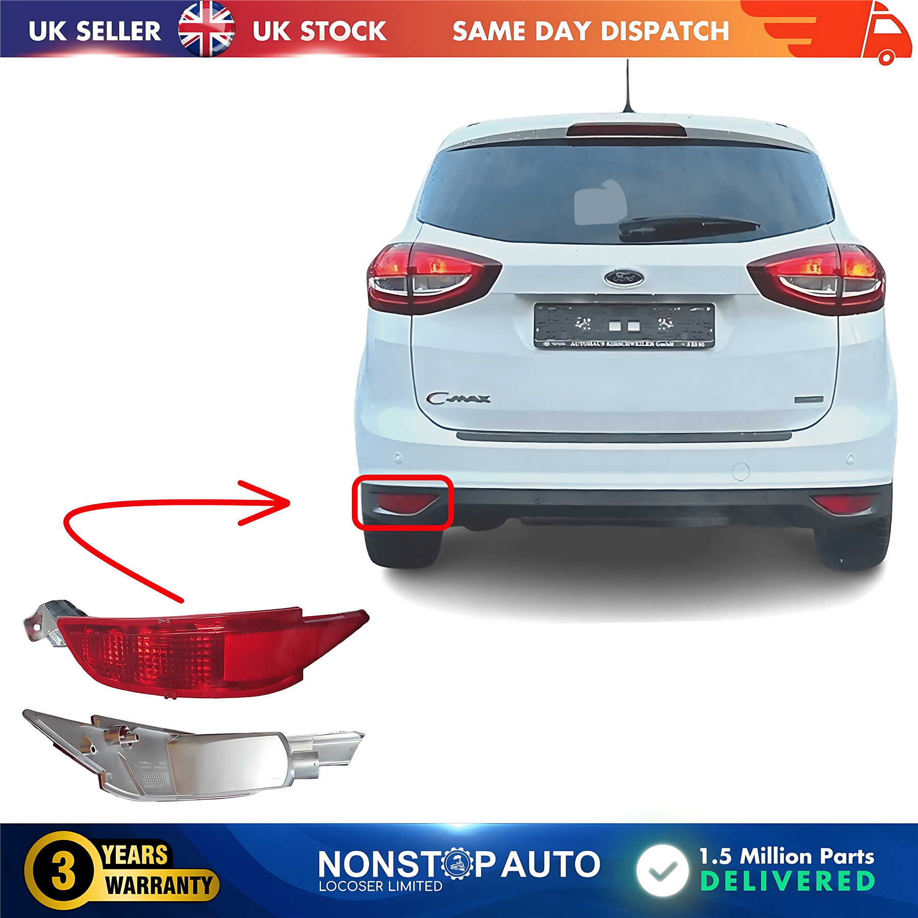 Bumper Reflector Rear Left For FORD C-Max II Fiesta VI Grand C-Max 1552734