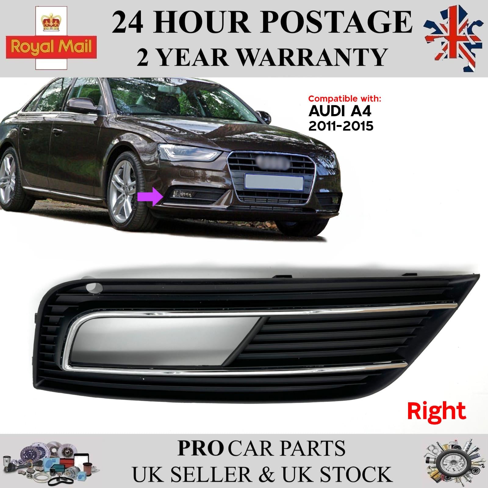Front Bumper Fog Grille Right with Chrome Fits AUDI A4 B8 2011-2015 8K0807682K01C