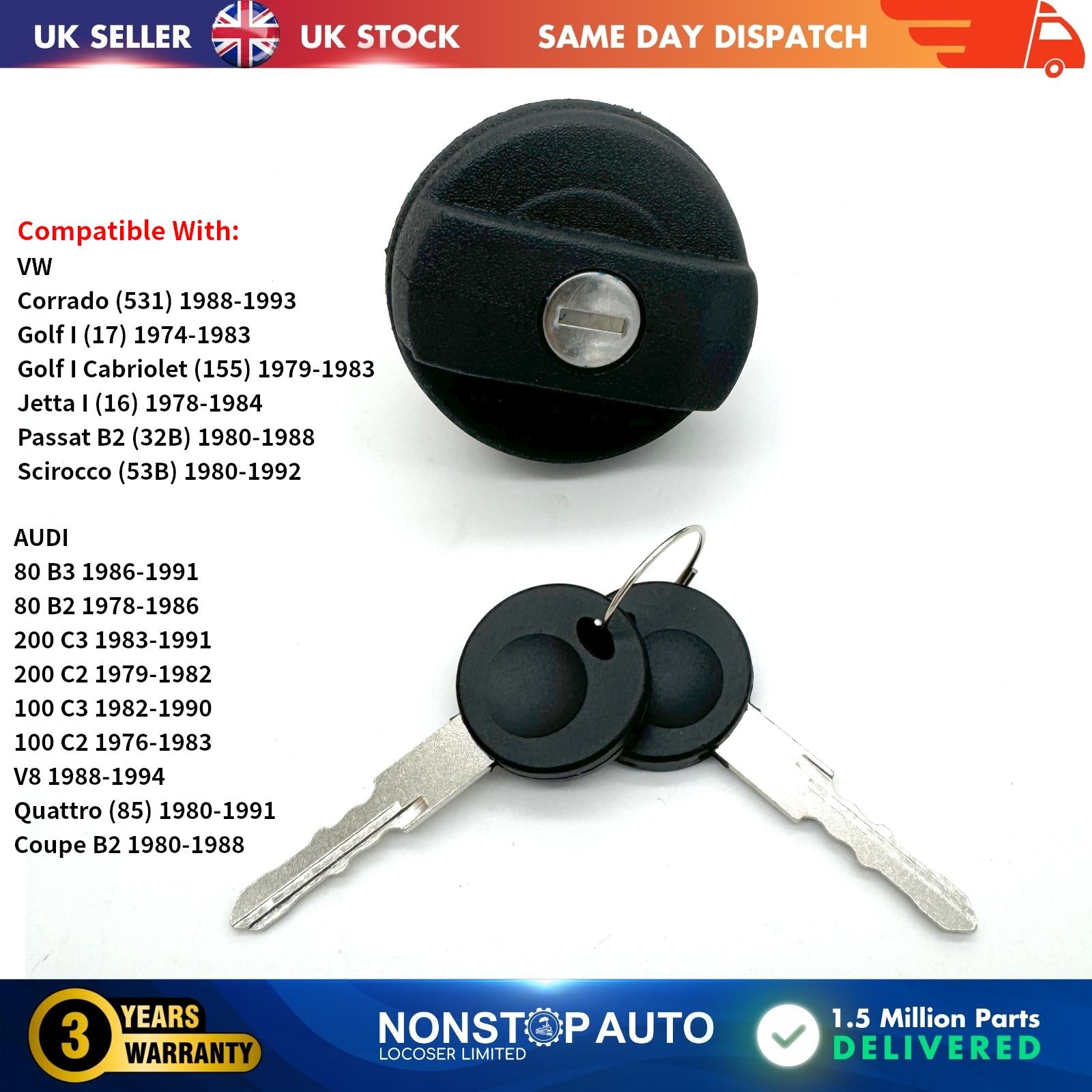 AUDI V8 80 COUPE QUATTIRO 90 100 200 VW GOLF MK1 JETTA SCIROCCO CORRADO FUEL TANK SEALING CAP COVER LOCK WITH KEYS 443201551L