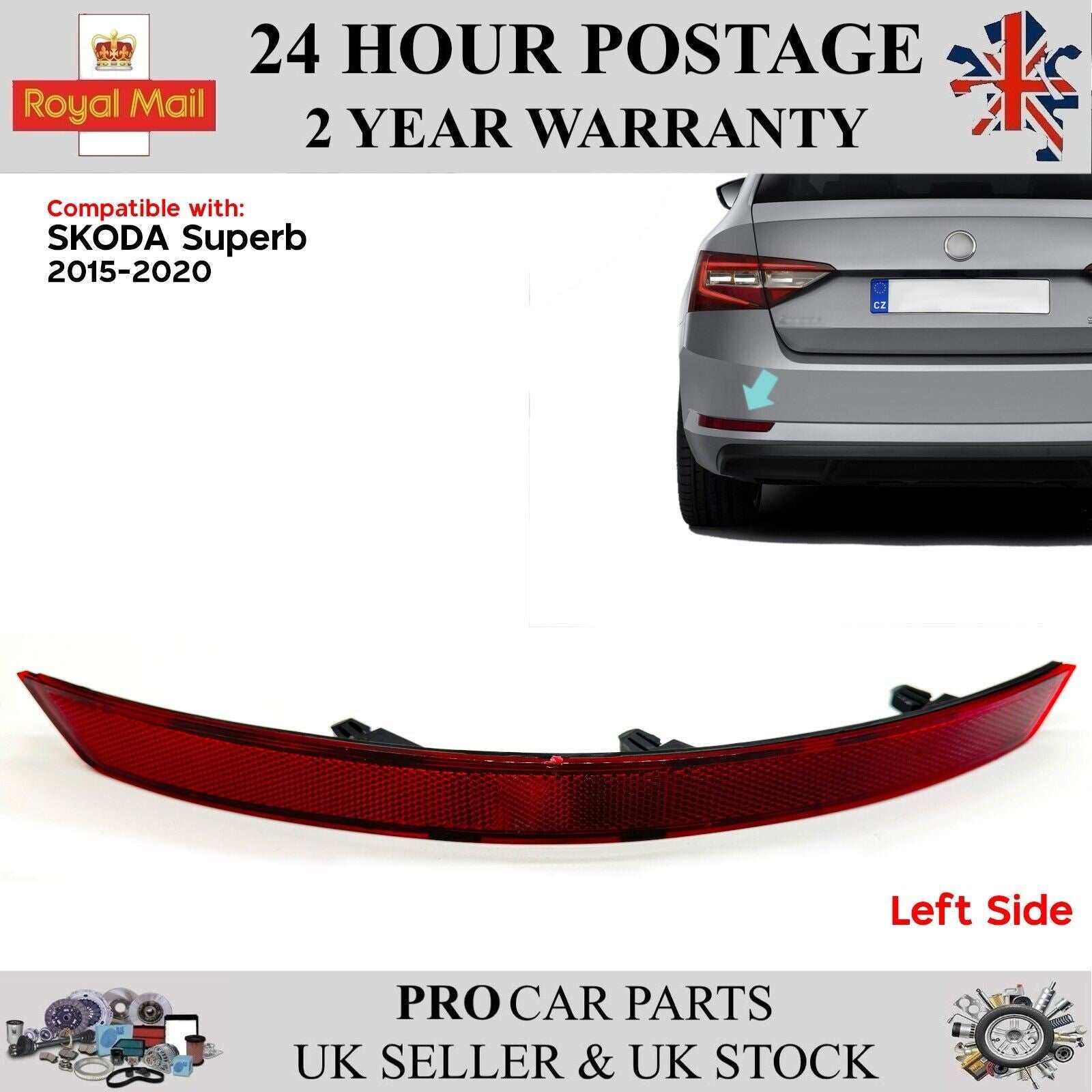 For Skoda Superb 2015 - 2020 Rear Bumper Reflector Left Side 3V5945105