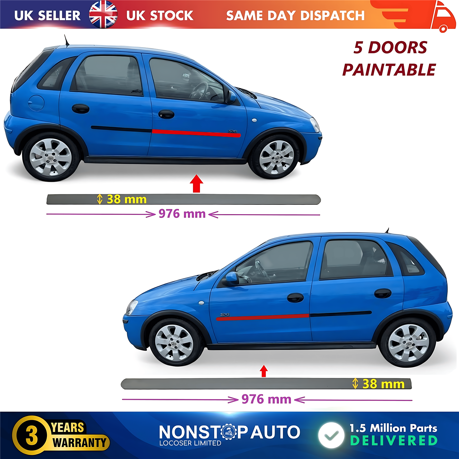 2X Door Moulding Trim Panel Paintable Front Left and Right For VAUXHALL Corsa C 2001-2006