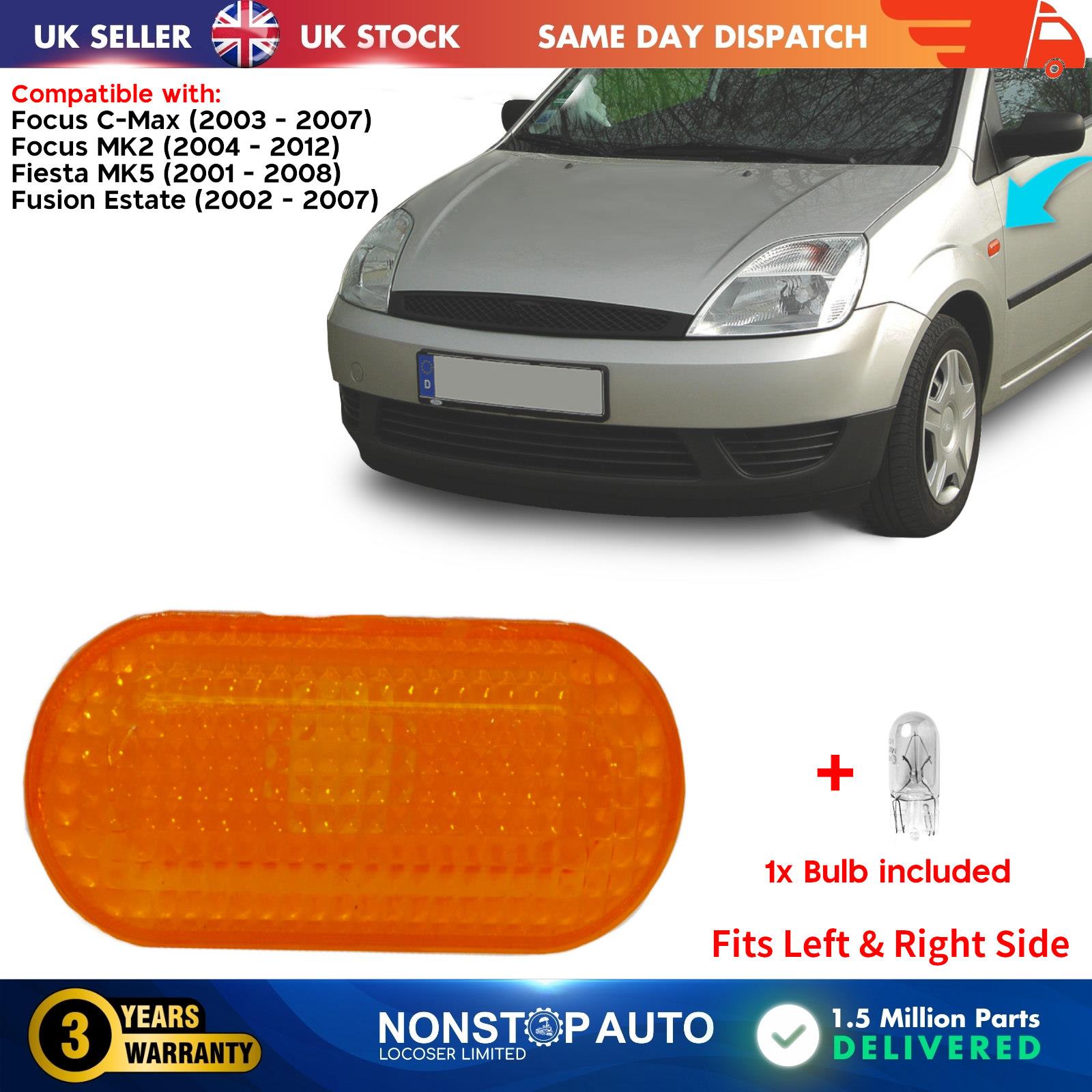Side indicator Repeater Lens Amber Fits Ford Fiesta C-Max Focus Mk2 2S6A13K354AD
