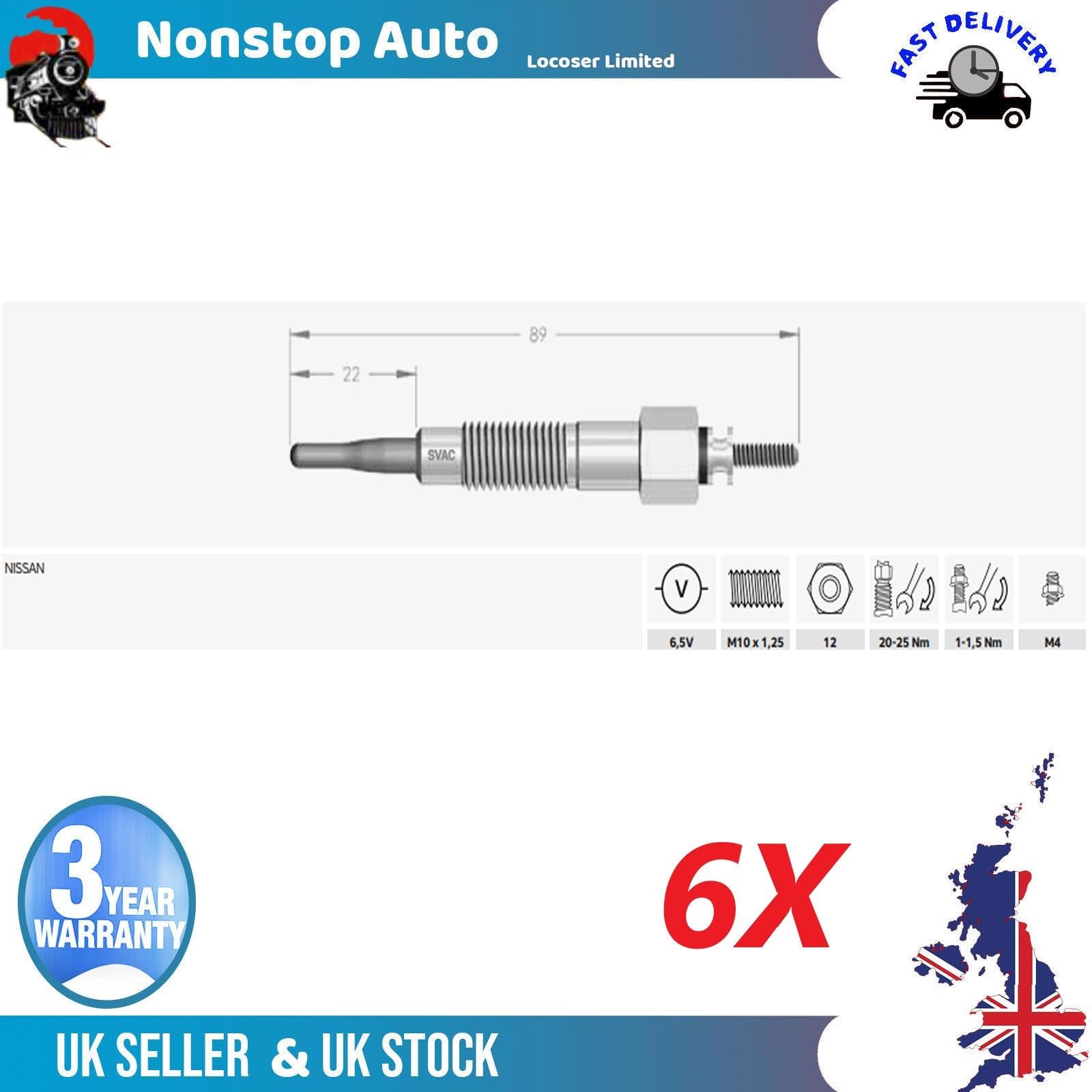 6X Glow Plugs For NISSAN Laurel 2.8 D Patrol III 2.8 TD Patrol GR IV 2.8 TD