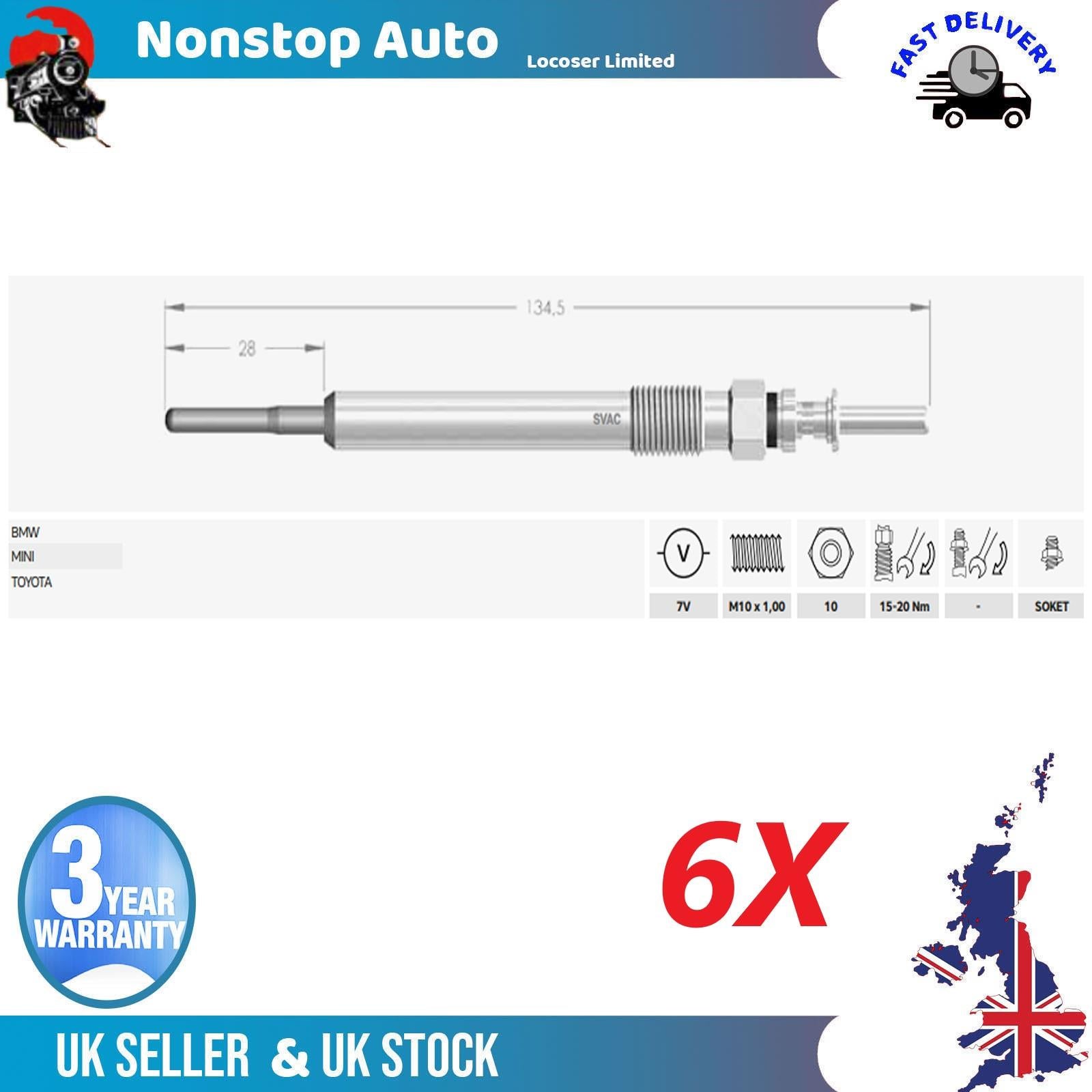6X Glow Plugs For TOYOTA Auris Avensis RAV 4 IV Verso 12230035934