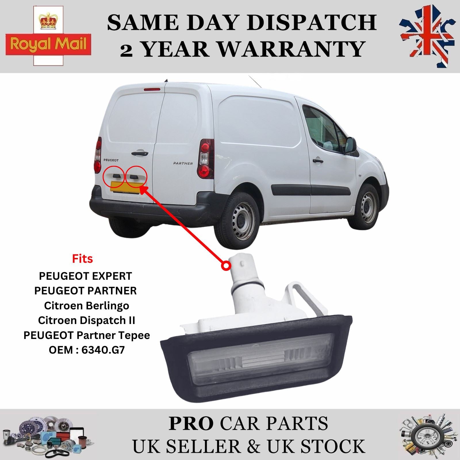 Number Plate Lamp for Peugeot Partner Expert Citroen Berlingo 6340.G7