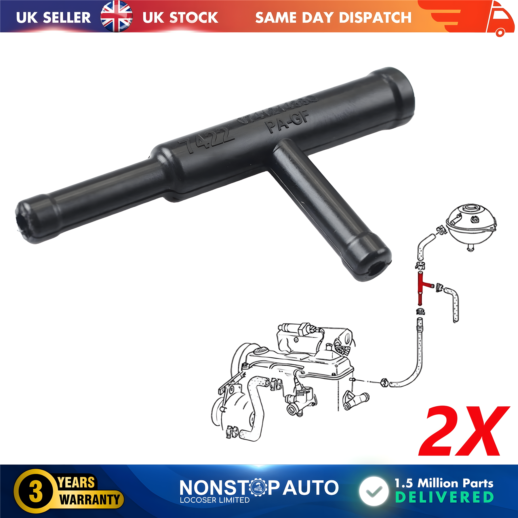 2X Expansion Tank Pipe T Piece Connector For VW Transporter T4 074121438C