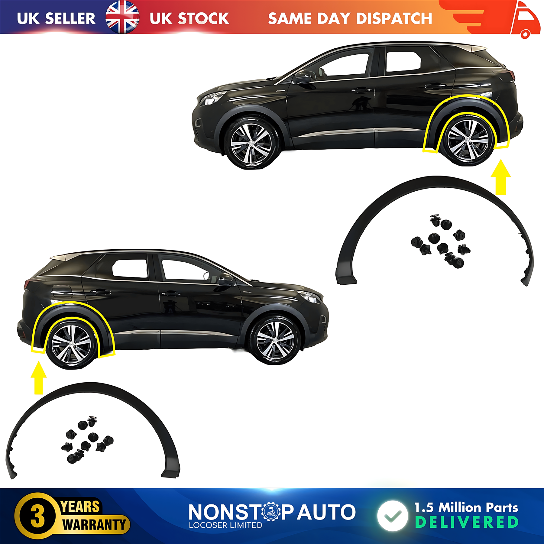 2X Wheel Arch Moulding Trim Rear Left and Right For PEUGEOT 3008 2016 on