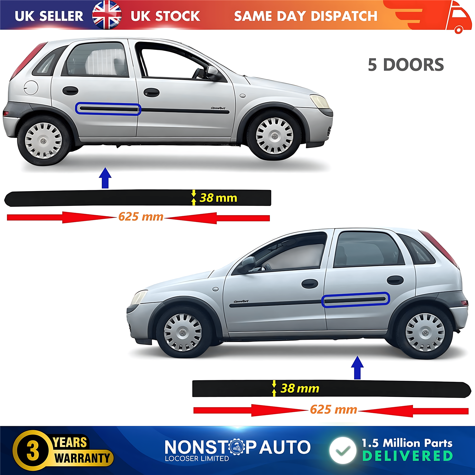 2X Door Moulding Trim Panel Rear Left and Right For VAUXHALL Corsa C 2001-2006
