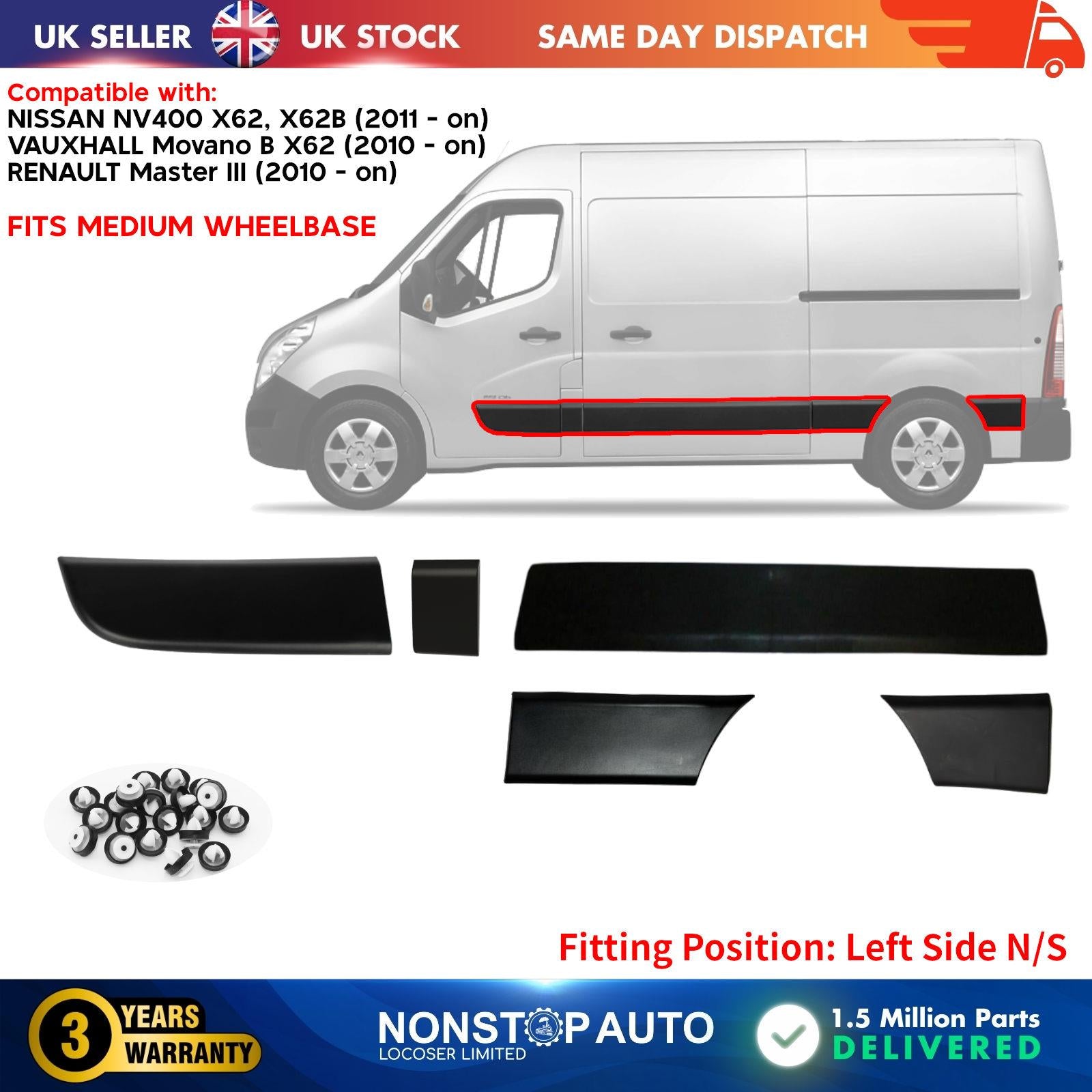 5 PCS DOOR MOULDING STRIP PANEL SET LEFT SIDE FOR  NISSAN NV400 VAUXHALL Movano B RENAULT Master MK3