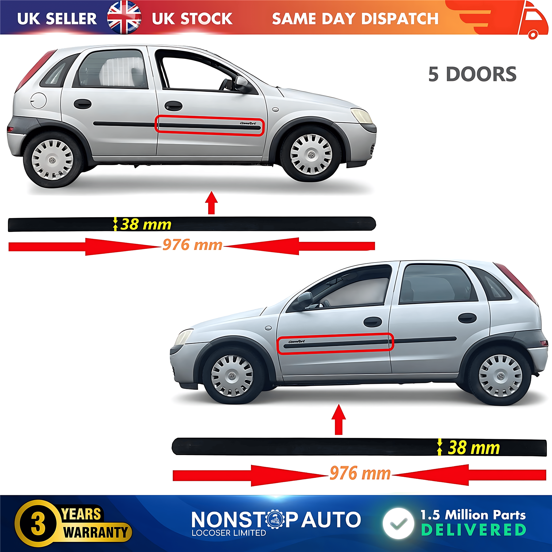 2X Door Moulding Trim Panel Front Left and Right For VAUXHALL Corsa C 2001-2006  5171547 5171548