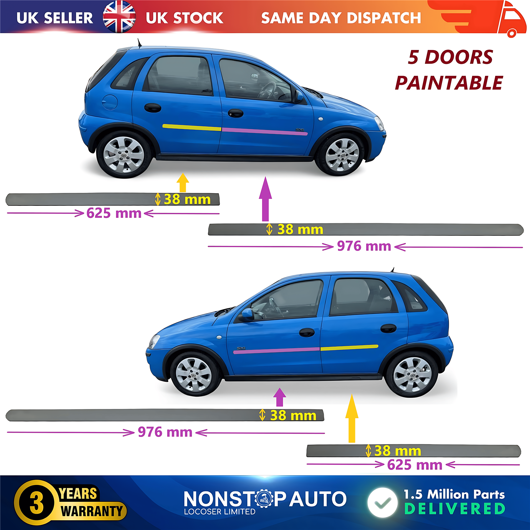 4X Door Moulding Trim Panel Paintable Set For VAUXHALL Corsa C 2001-2006