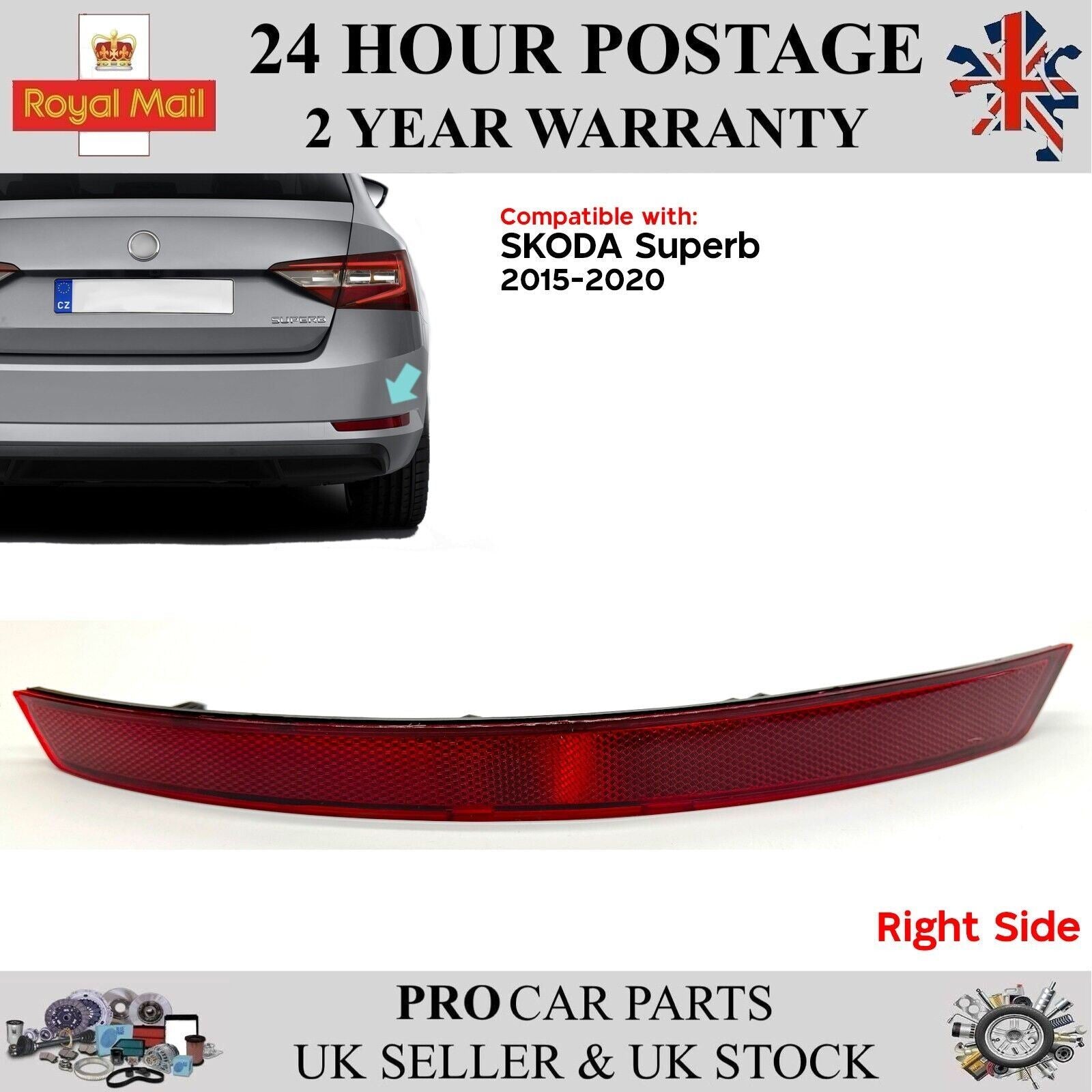 For Skoda Superb 2015 - 2020 Rear Bumper Reflector Right Side 3V5945106