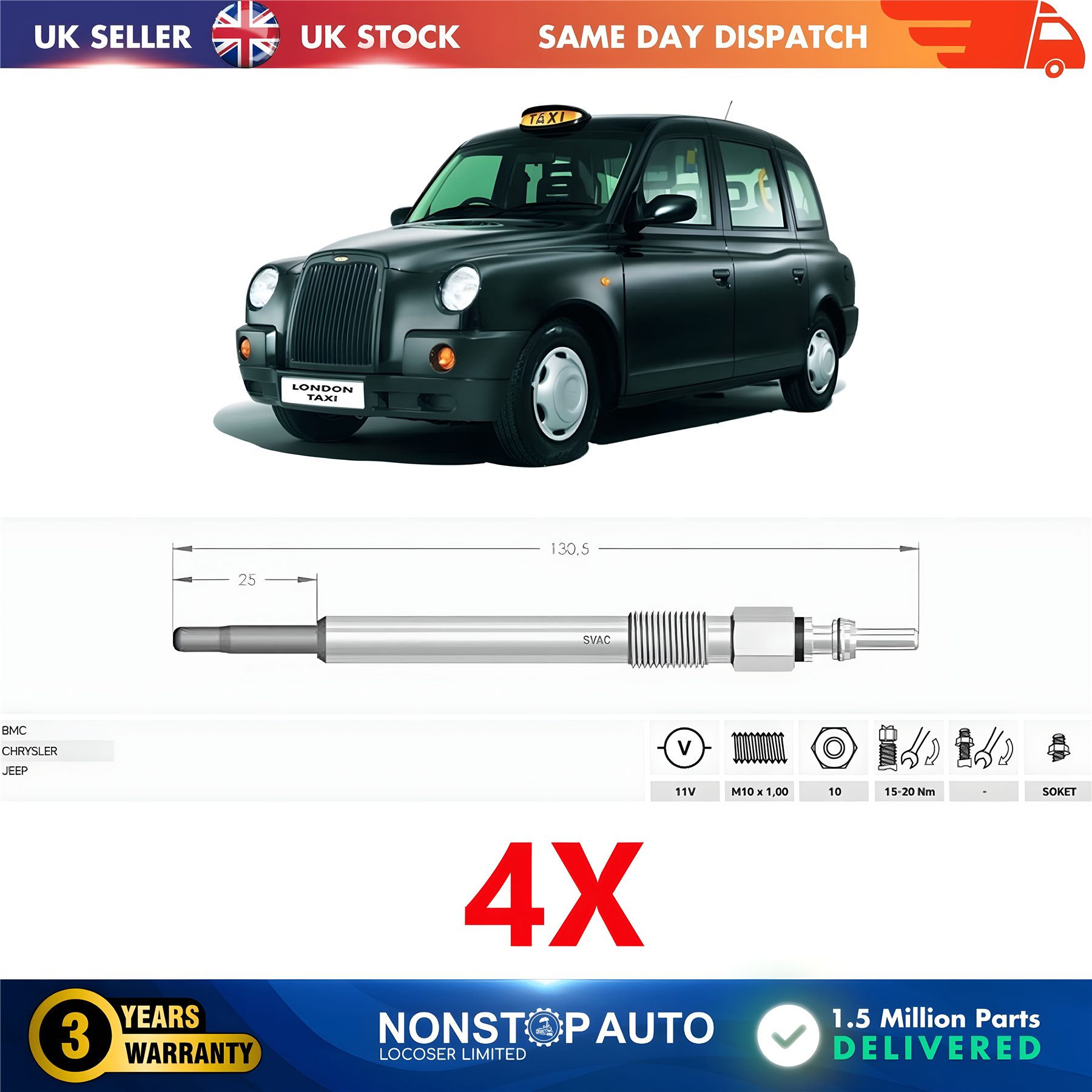 4X Glow Plugs For London Taxi 2.5 TD 0250202038