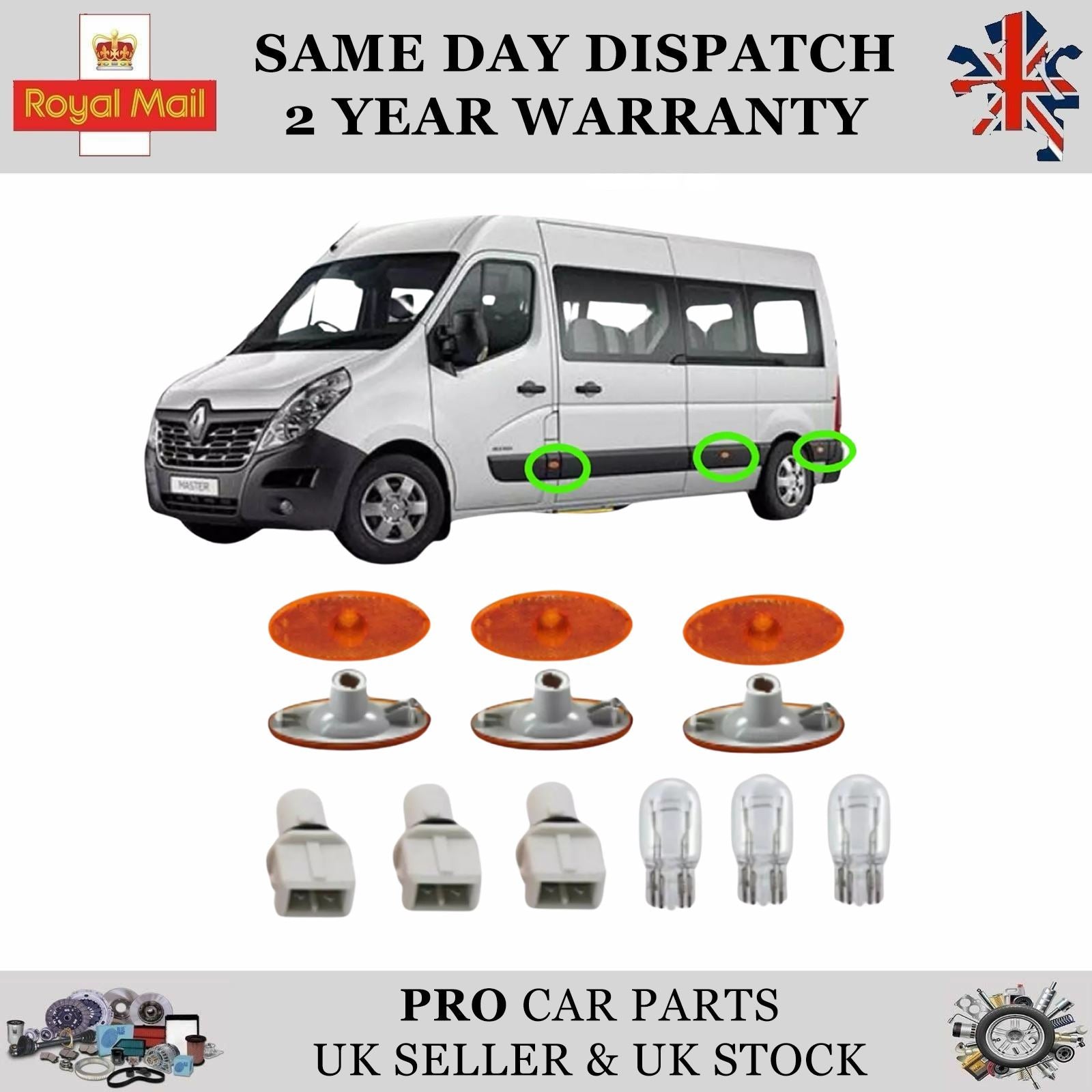 3X RENAULT MASTER Side Marker Lamp Light Lens, Bulb Holder + Bulb 261B00001R