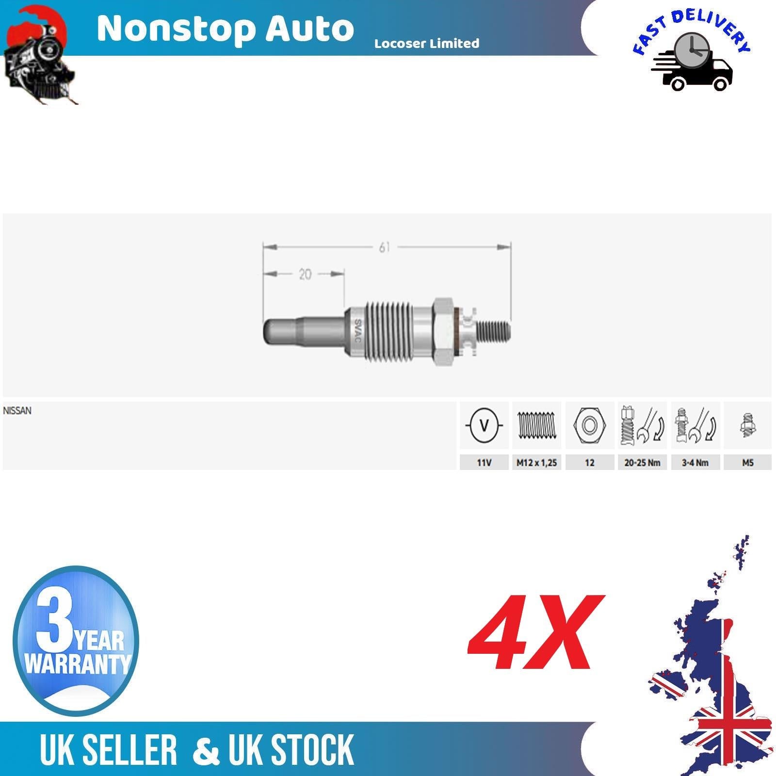 4X Glow Plugs For NISSAN Bluebird 2.0 D 11065V0700