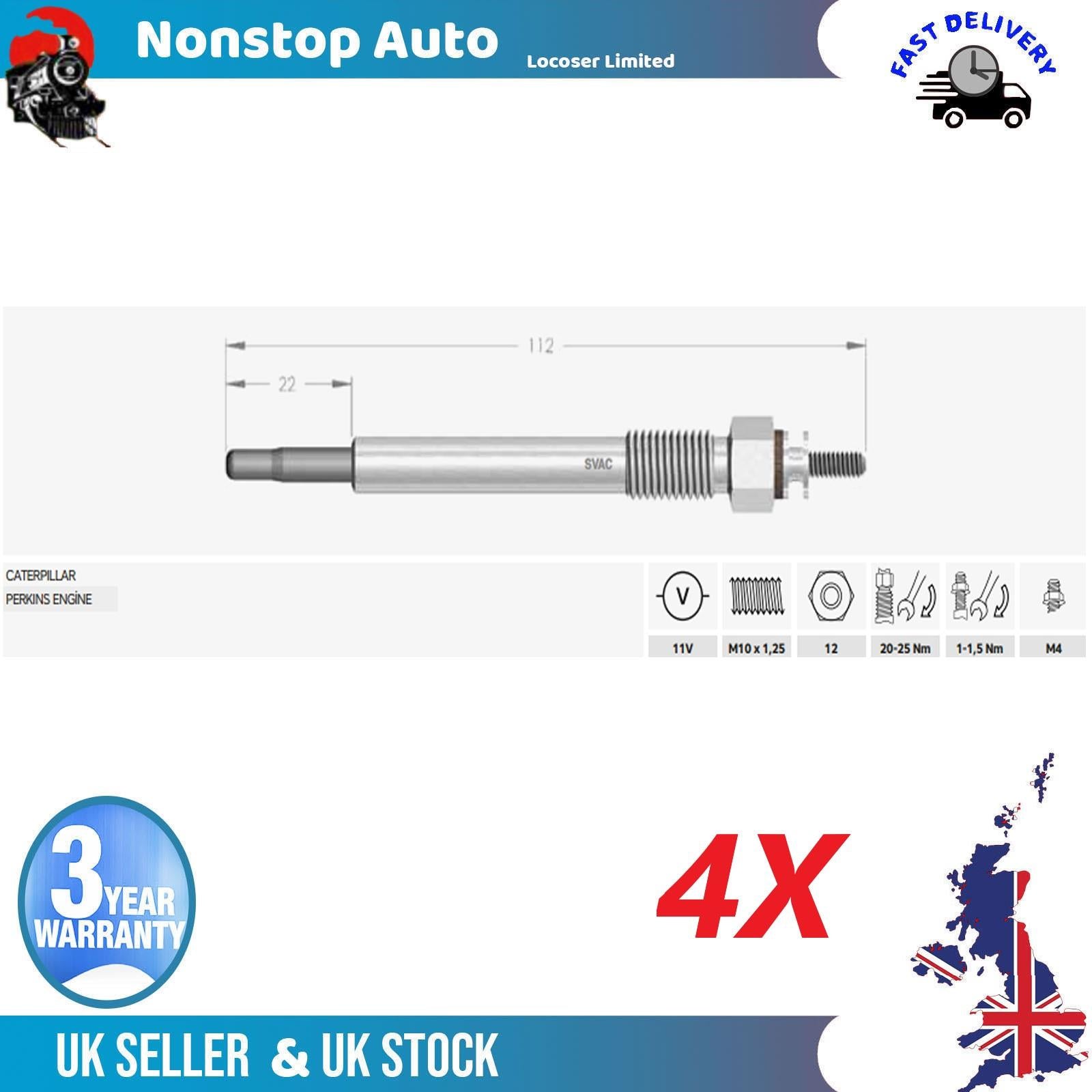 4X Glow Plugs For CATERPILLAR PERKINS ENGINE 11V 2666A014