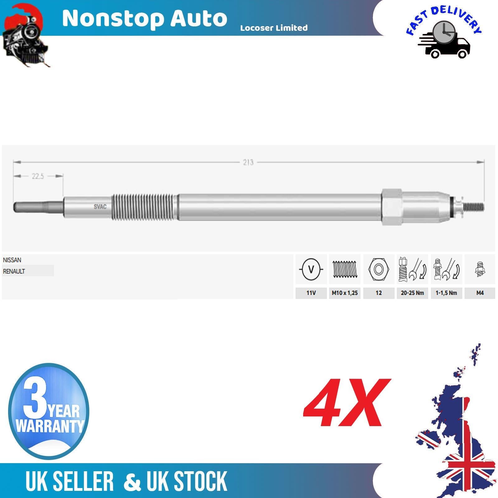 4X Glow Plugs For NISSAN Patrol GR V Wagon 3.0 DTi 7701058142