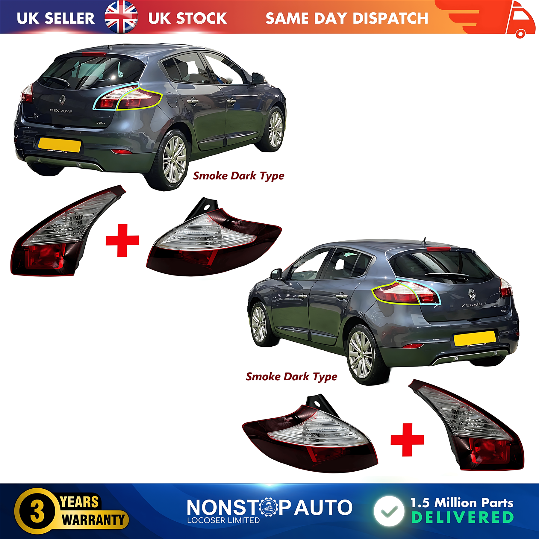 4X Rear Light Lamp Set For RENAULT Megane III 2013-2016