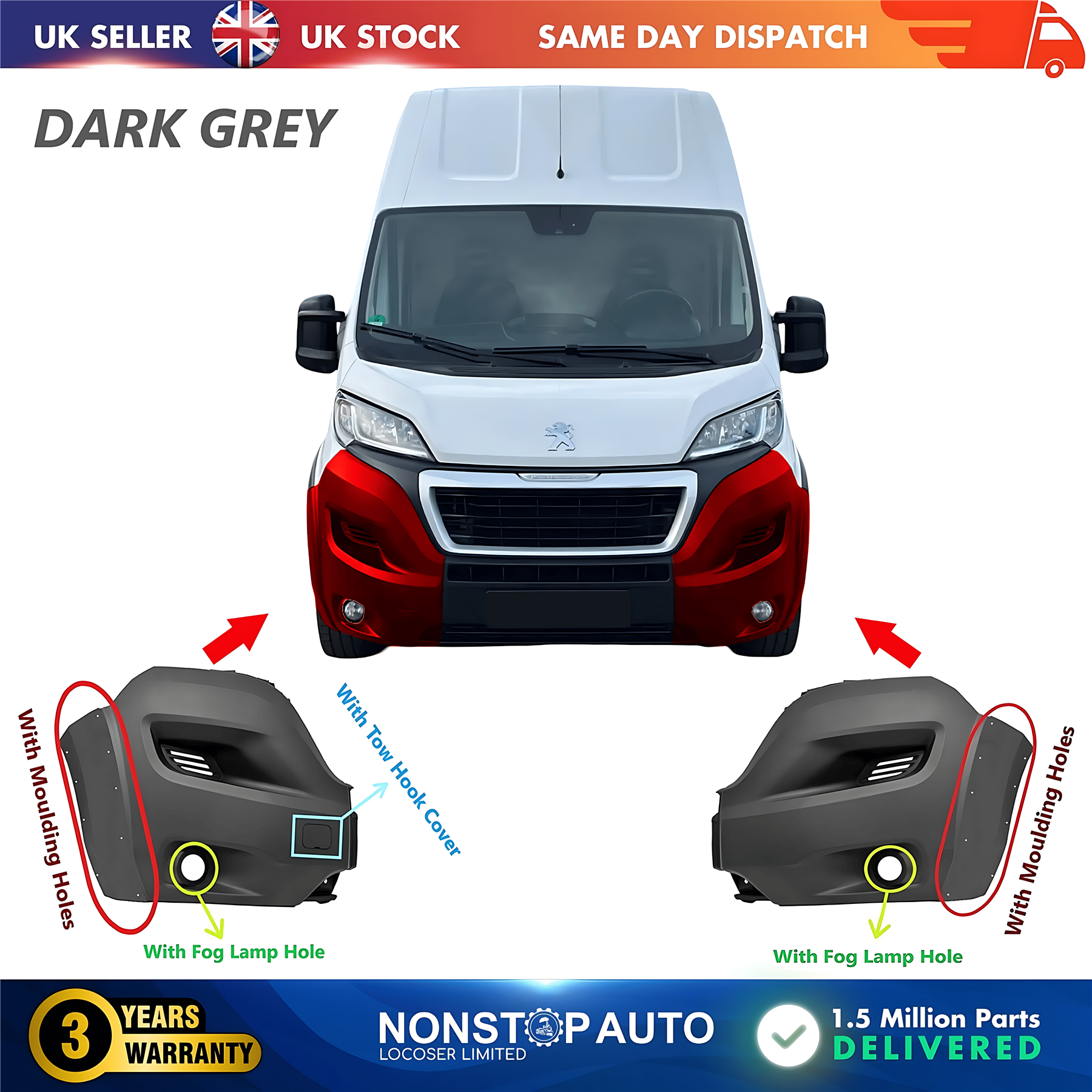 2X Front Bumper Corner Cap R+L With Fog Hole For PEUGEOT Boxer 2014 on