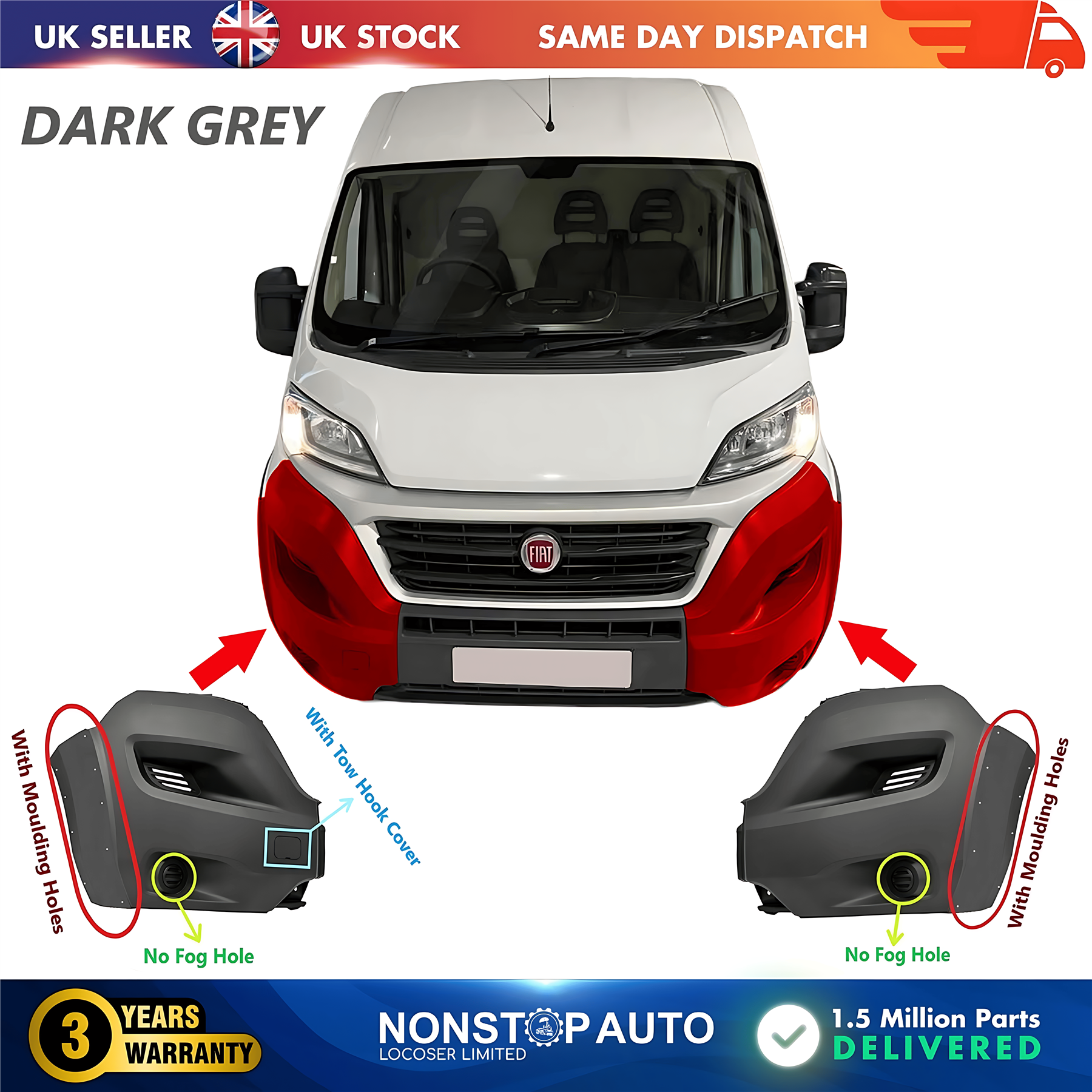 2X Front Bumper Corner Cap R+L No Fog Hole For FIAT Ducato 2014 on