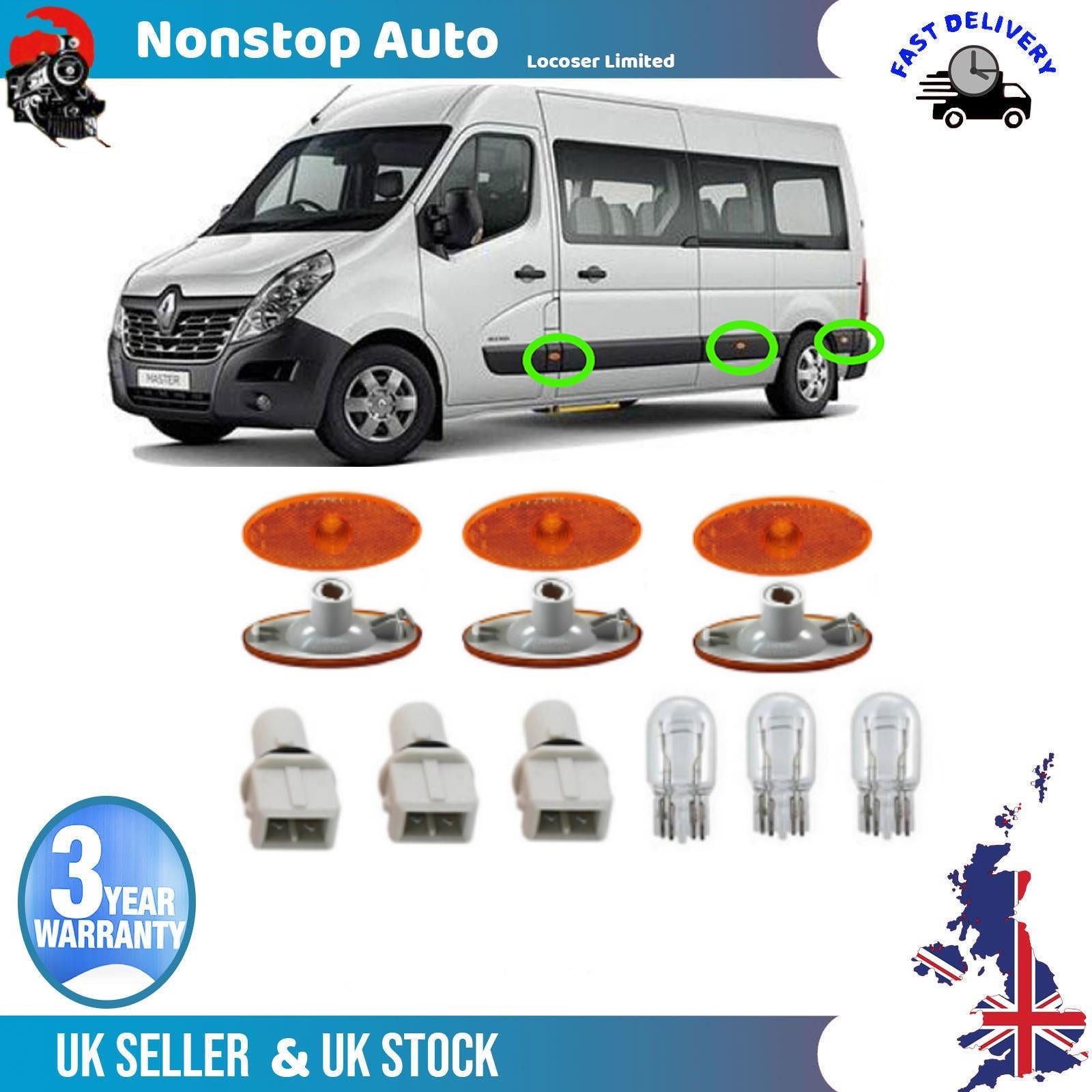 3X FOR RENAULT MASTER VAUXHALL MOVANO NISSAN NV 400 SIDE MARKER LAMP LIGHT LENS WITH BULB HOLDER AND BULB 261B00001R