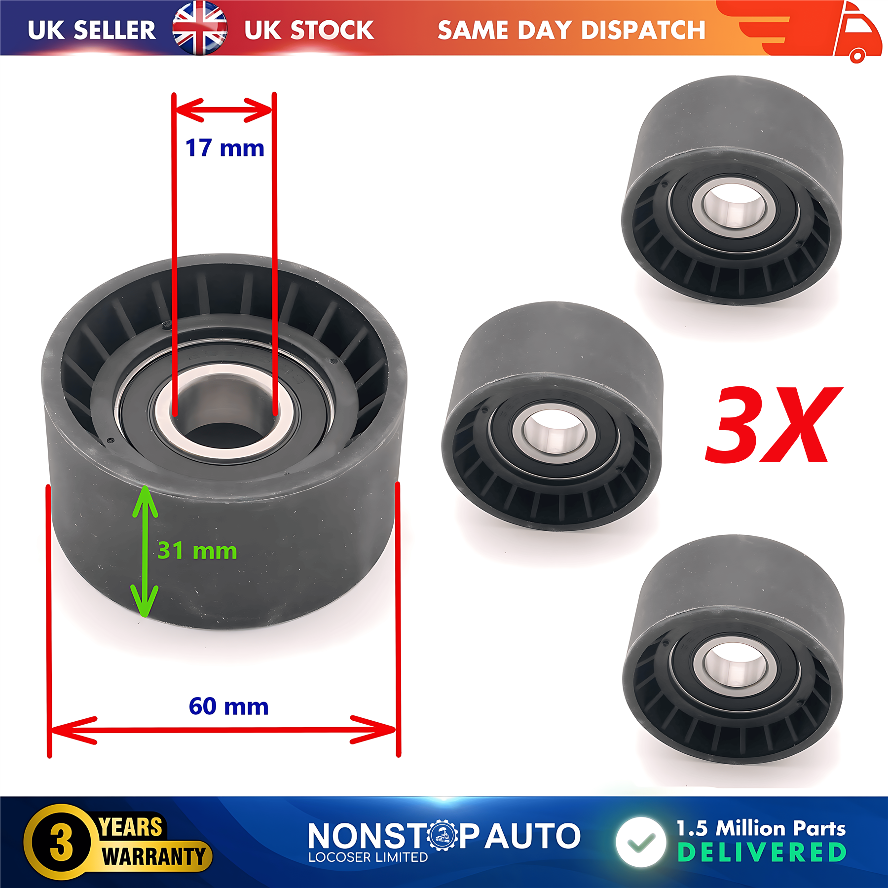 3X Fan Belt Tensioner Pulley V Ribbed Belt Idler For MITSUBISHI Carisma Space Star NISSAN Primera Cabstar Interstar Primastar VAUXHALL Movano A Vivaro A RENAULT Avantime Espace III IV Laguna I II III Vel Satis Trafic II Master II MW30638631