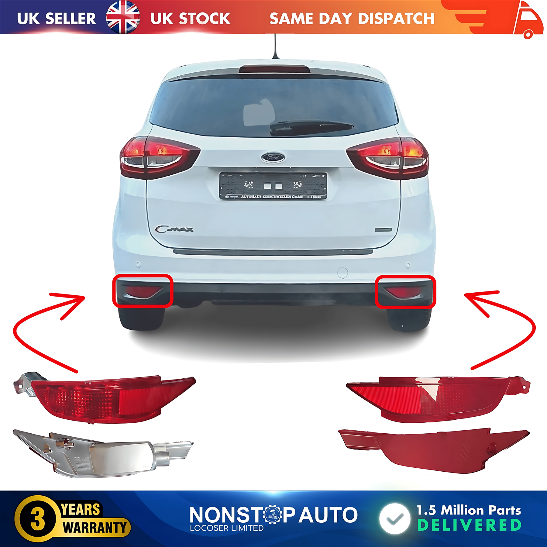 2X Bumper Reflector Rear Left and Right For FORD C-Max II Fiesta VI Grand C-Max 1552730 1552734