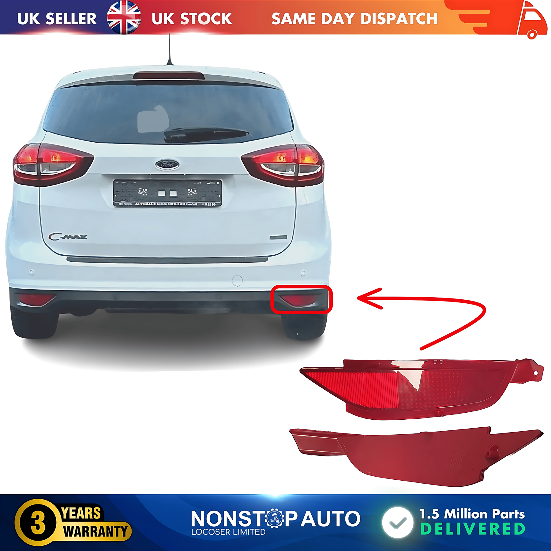 Bumper Reflector Rear Right For FORD C-Max II Fiesta VI Grand C-Max 1552730