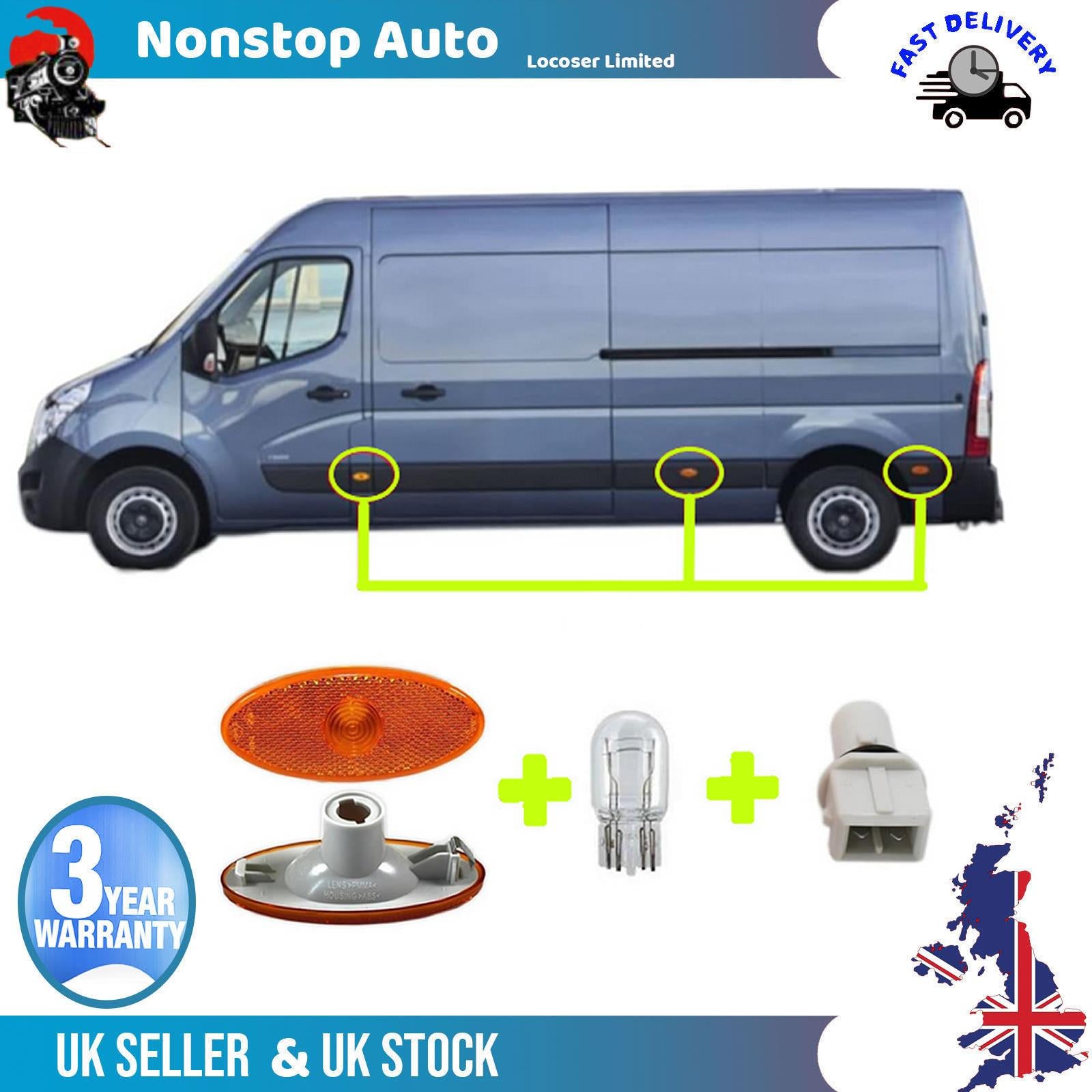 FOR RENAULT MASTER VAUXHALL MOVANO NISSAN NV 400 SIDE MARKER LAMP LIGHT LENS WITH BULB HOLDER AND BULB 261B00001R