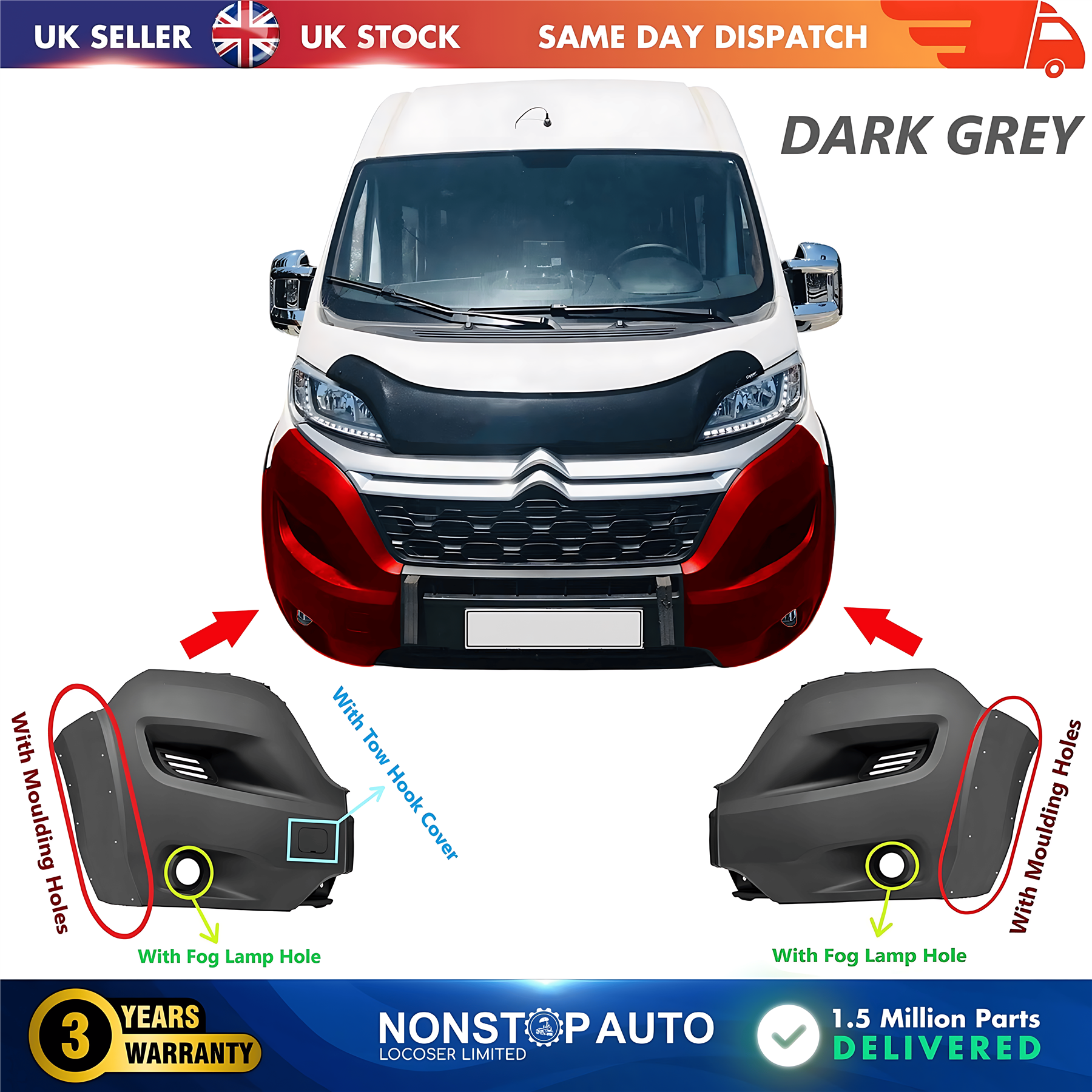 2X Front Bumper Corner Cap R+L With Fog Hole For CITROEN Relay 2014 on