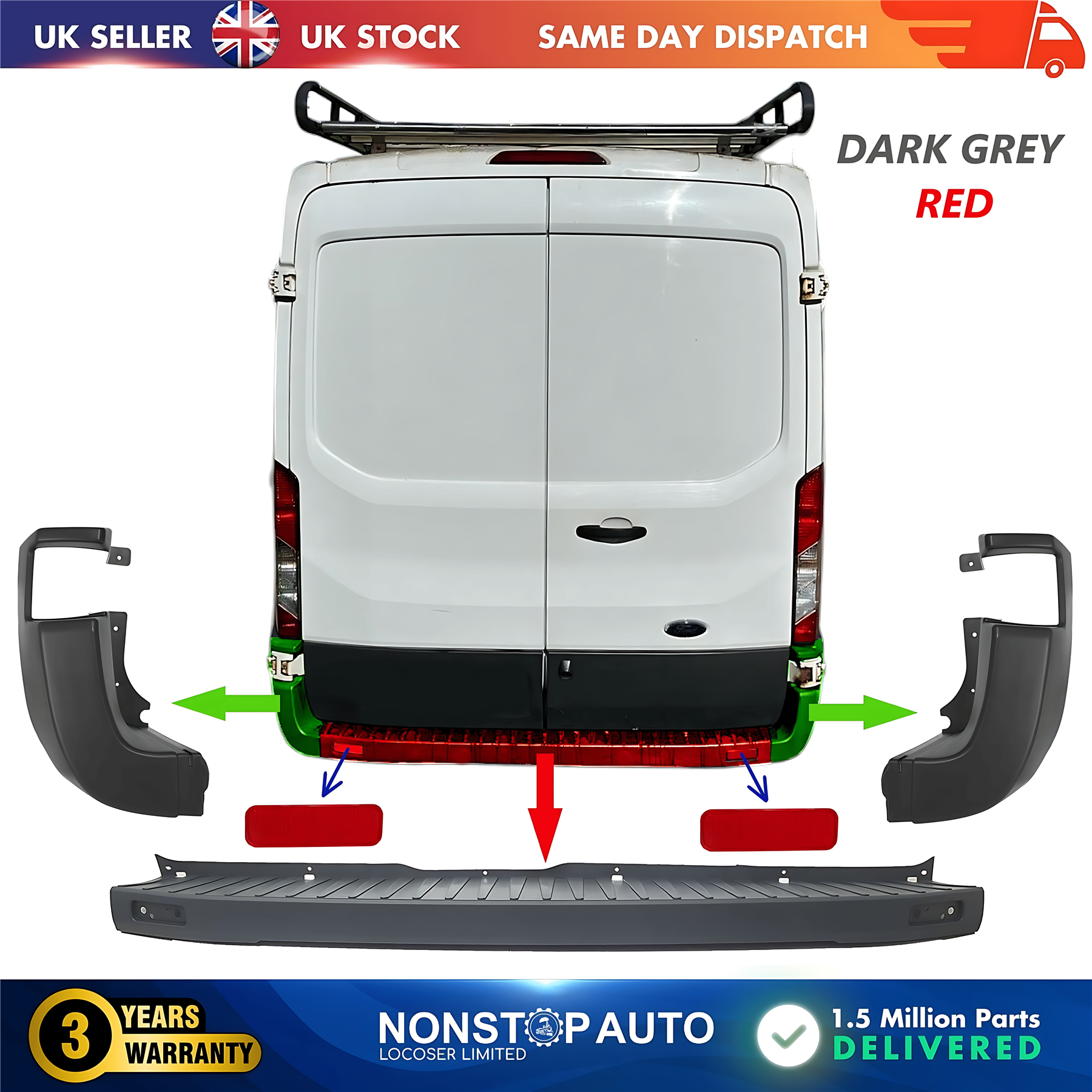 Rear Bumper Set with Reflectors For FORD Transit MK8 V363 08.2013 on