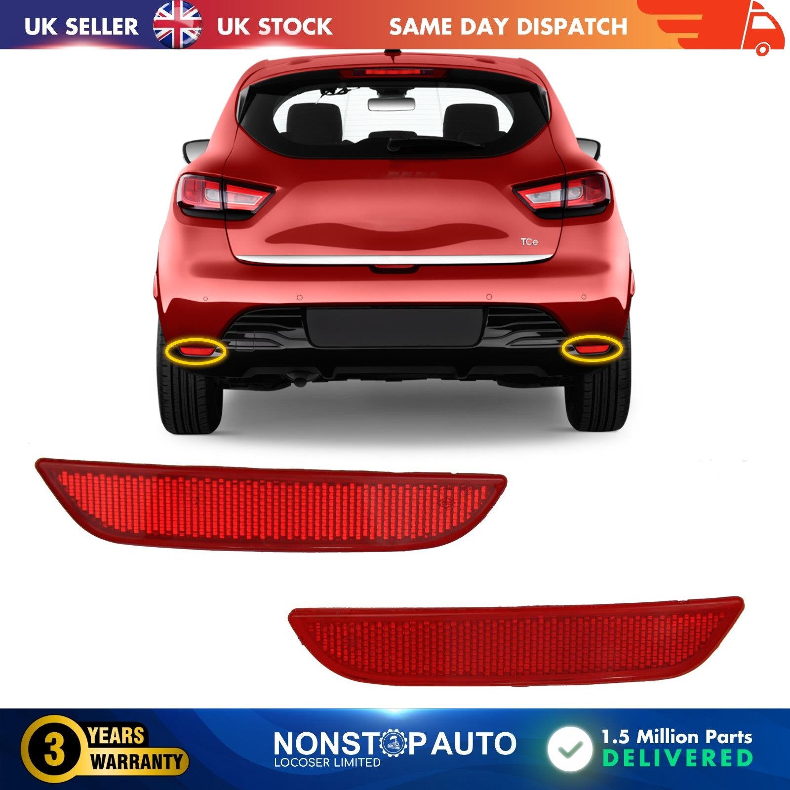 Rear Bumper Reflector Lens Light Left & Right PAIR FOR Renault Clio MK4 265605789R