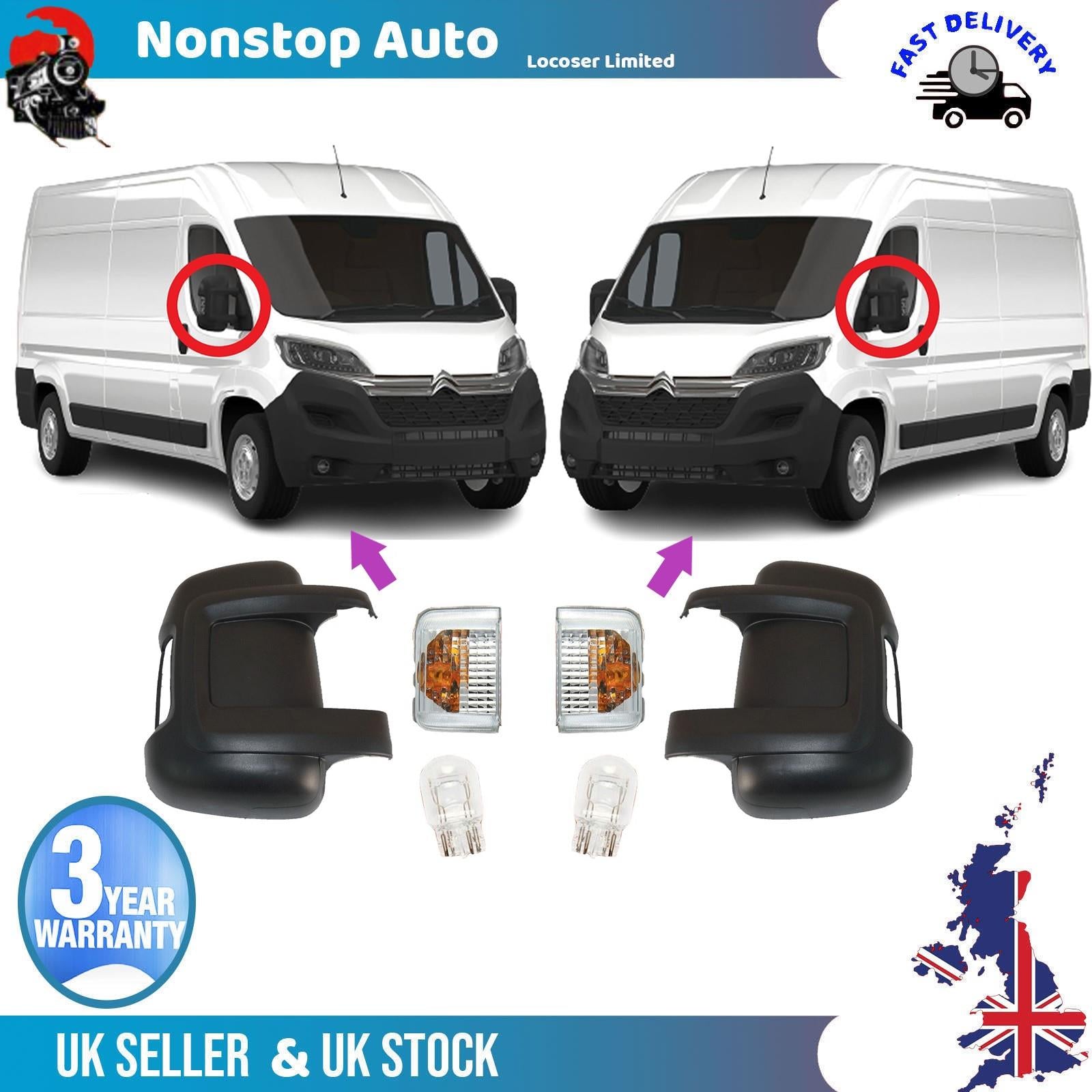 Wing Mirror Cover Caps Short Arm L+R +Indicator Lamps+Bulbs For FIAT Ducato