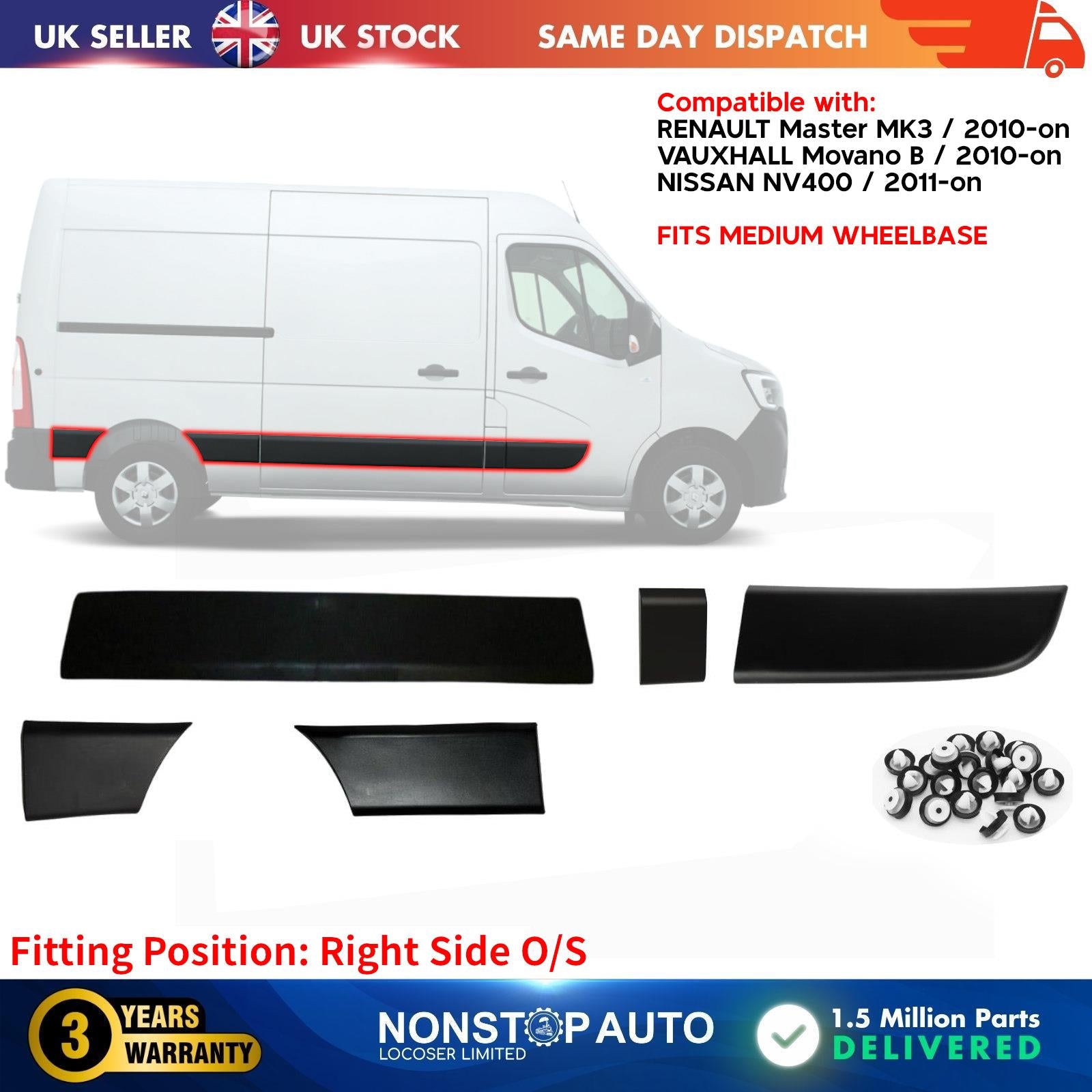 5 PCS DOOR MOULDING STRIP PANEL SET RIGHT SIDE FOR  NISSAN NV400 VAUXHALL Movano B RENAULT Master MK3