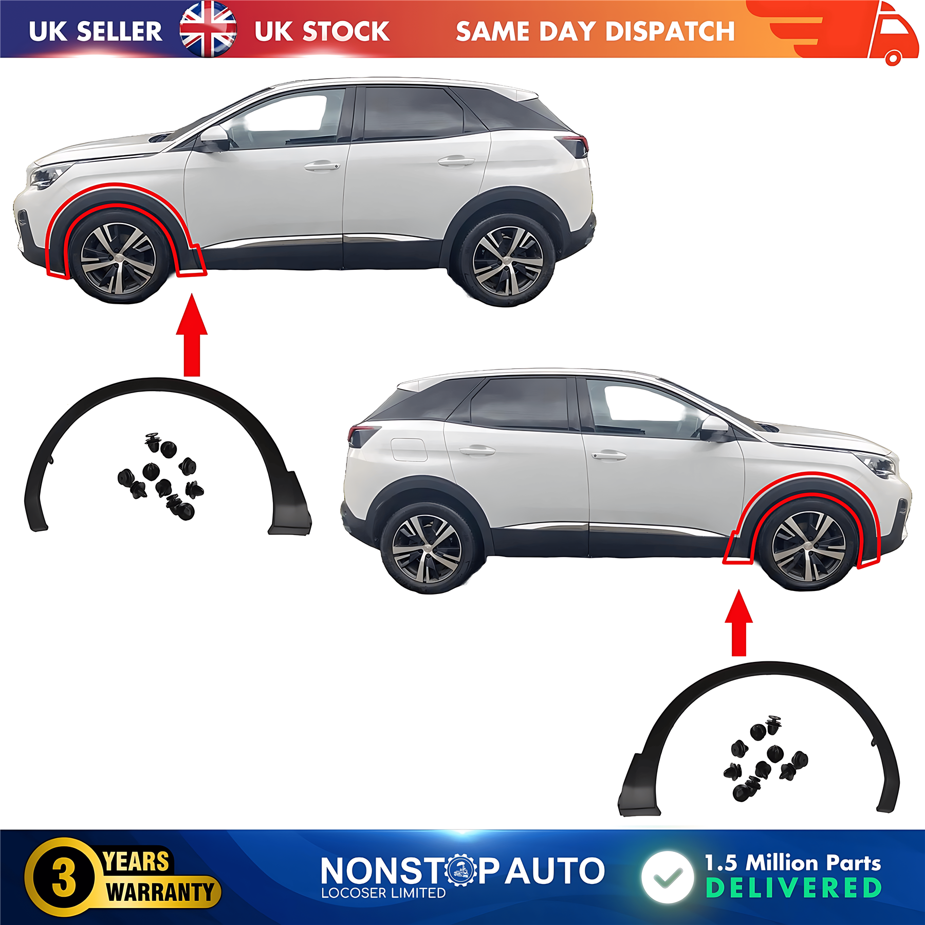 2X Wheel Arch Moulding Trim Front Left and Right For PEUGEOT 3008 2016 on