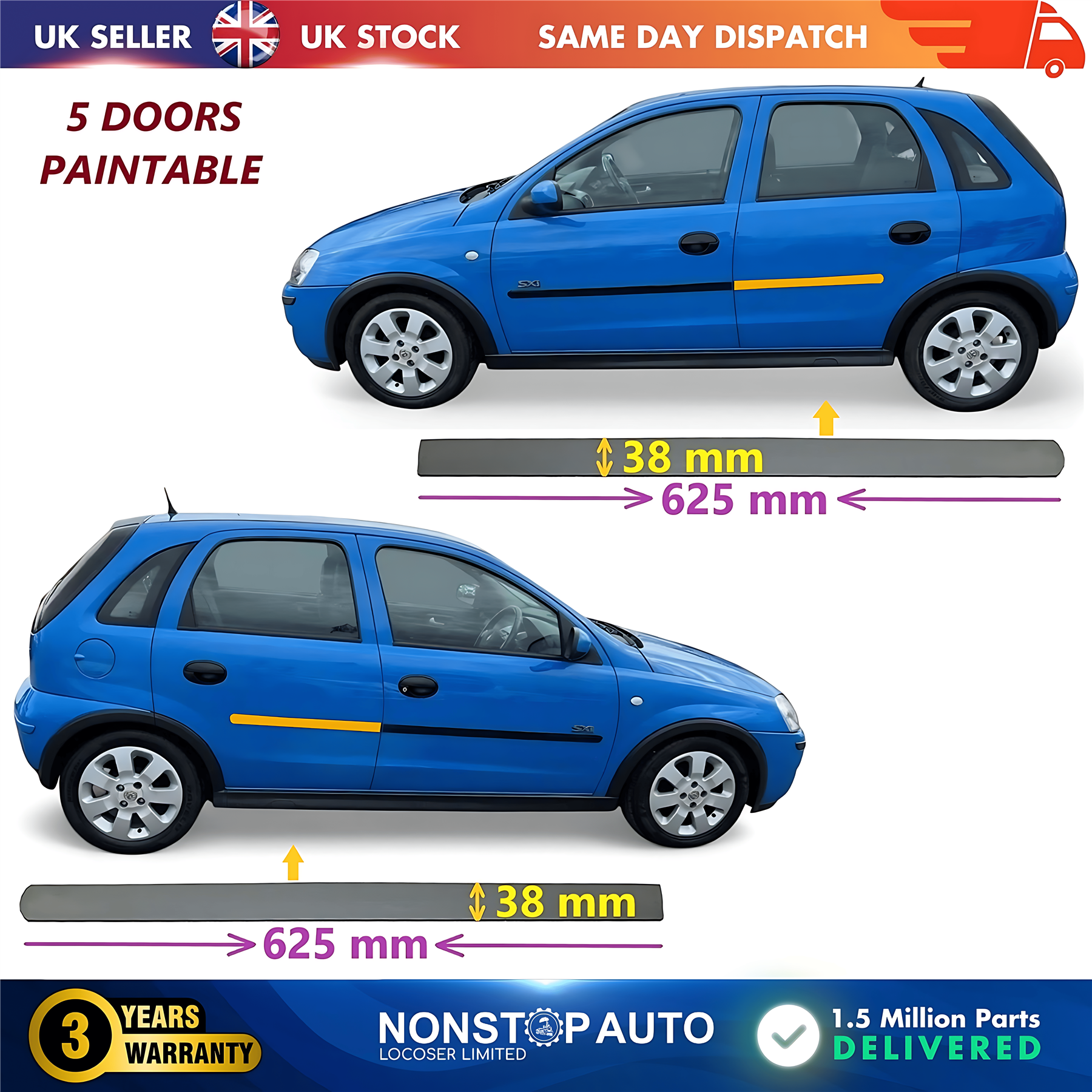 2X Door Moulding Trim Panel Paintable Rear Left and Right For VAUXHALL Corsa C 2001-2006