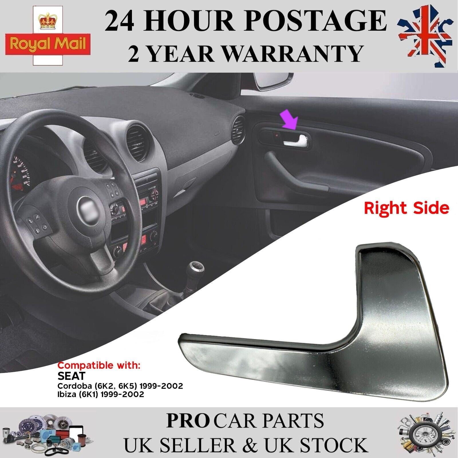 Interior Door Handle Chrome Front Or Rear Right Fits SEAT Cordoba Ibiza 6L483911