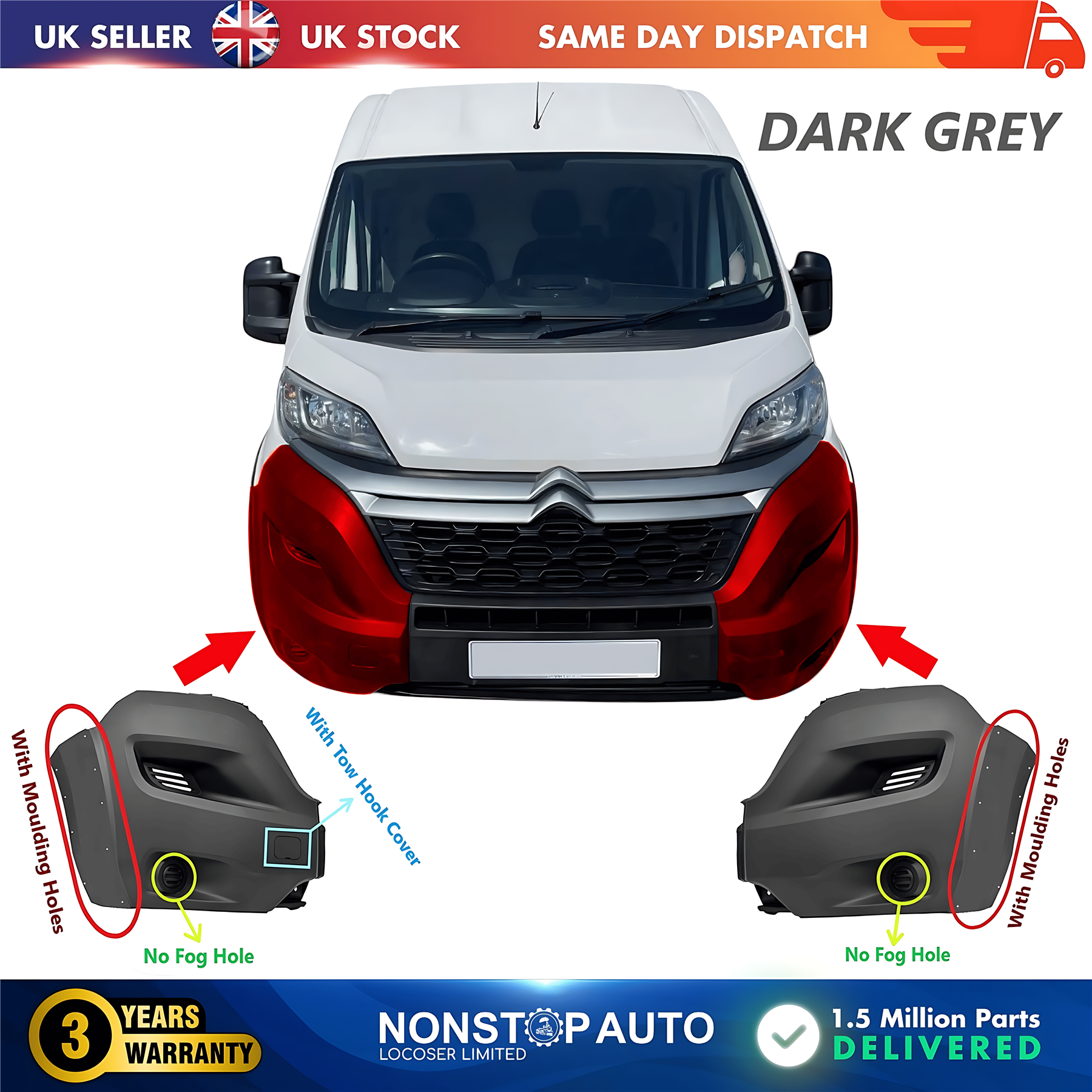 2X Front Bumper Corner Cap R+L No Fog Hole For CITROEN Relay 2014 on