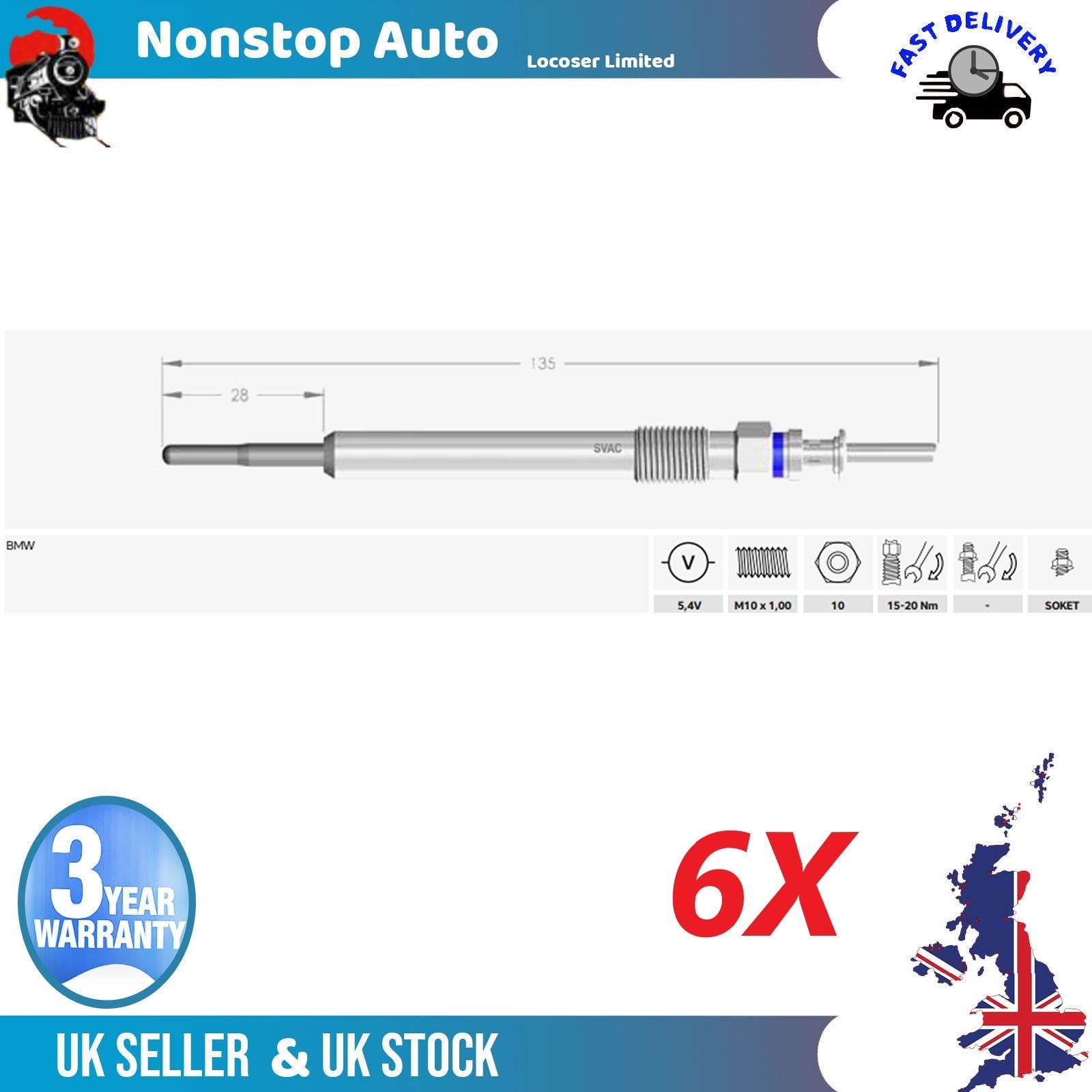 6X Glow Plugs For BMW 3 4 6 7 X3 X4 12230038490